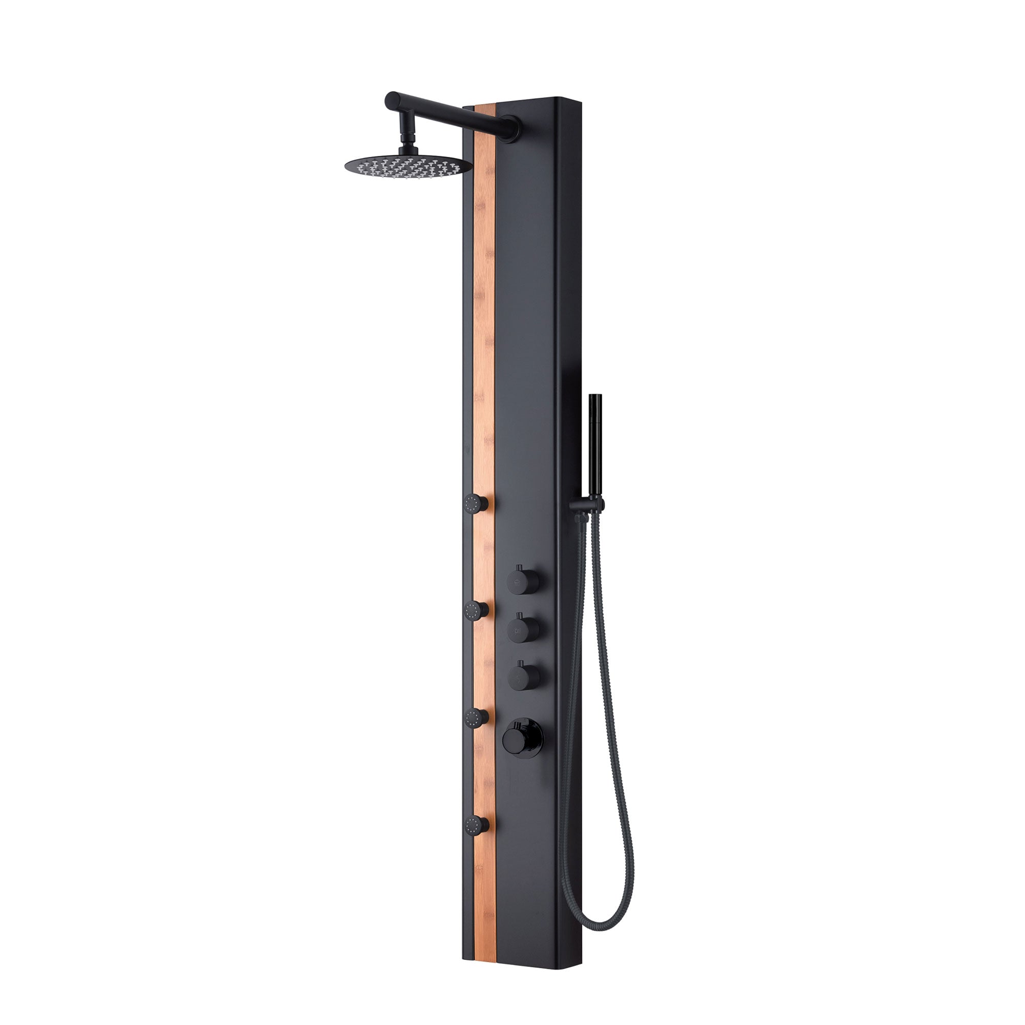 XXL shower panel in matt black with thermostat and real bamboo insert