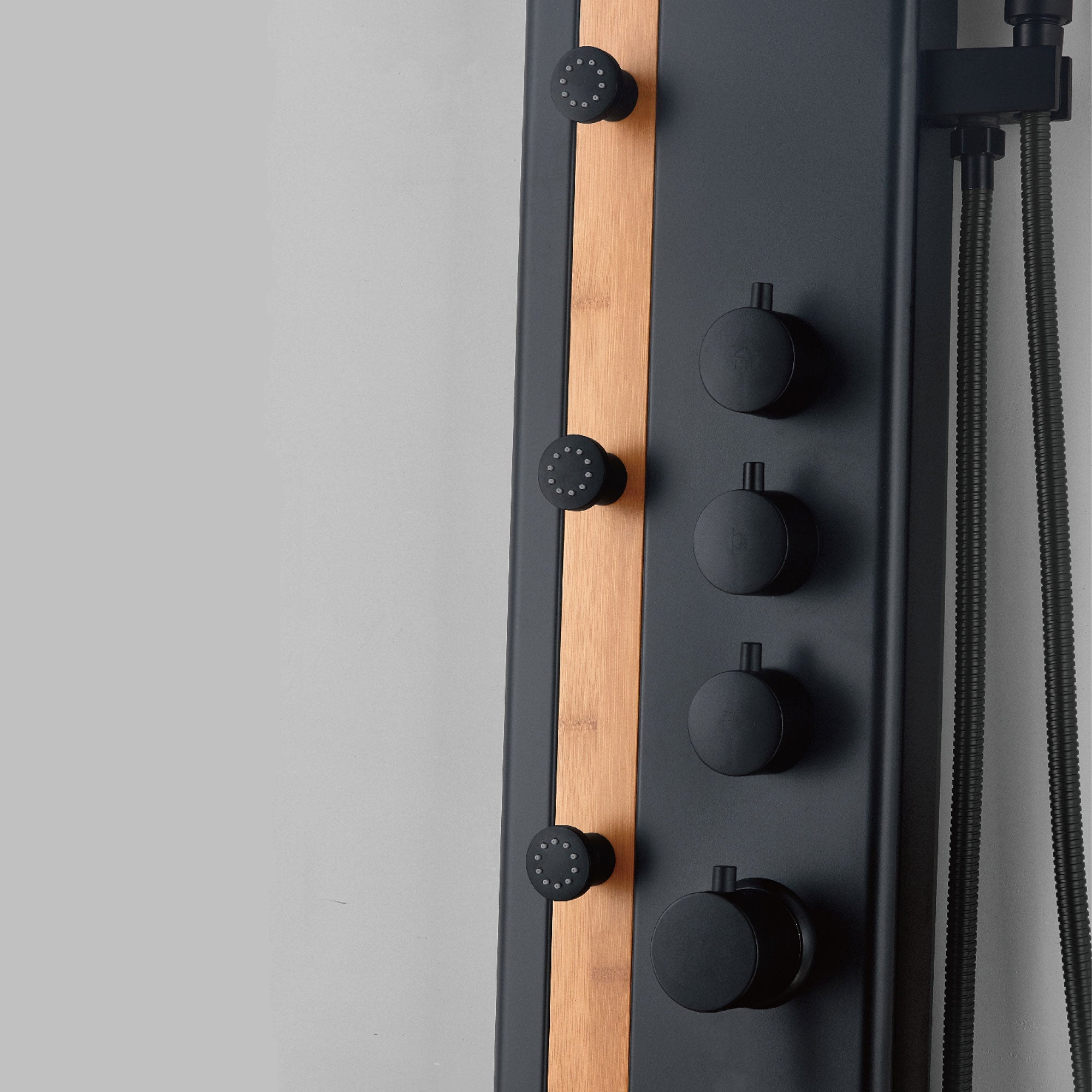 XXL shower panel in matt black with thermostat and real bamboo insert