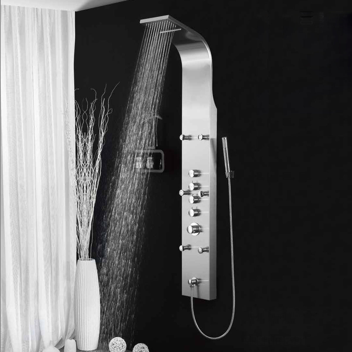 Luxury stainless steel shower panel with 6 hydro massage jets & waterfall shower