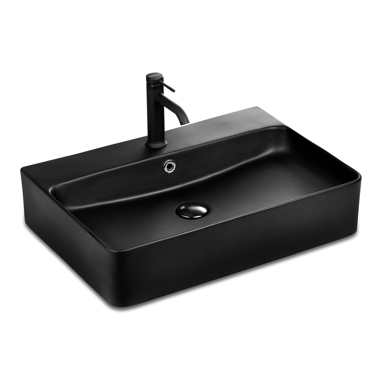 Lavabo Berlin noir mat 60 x 42 en céramique fine pour montage mural ou comme lavabo à poser avec trou pour robinet