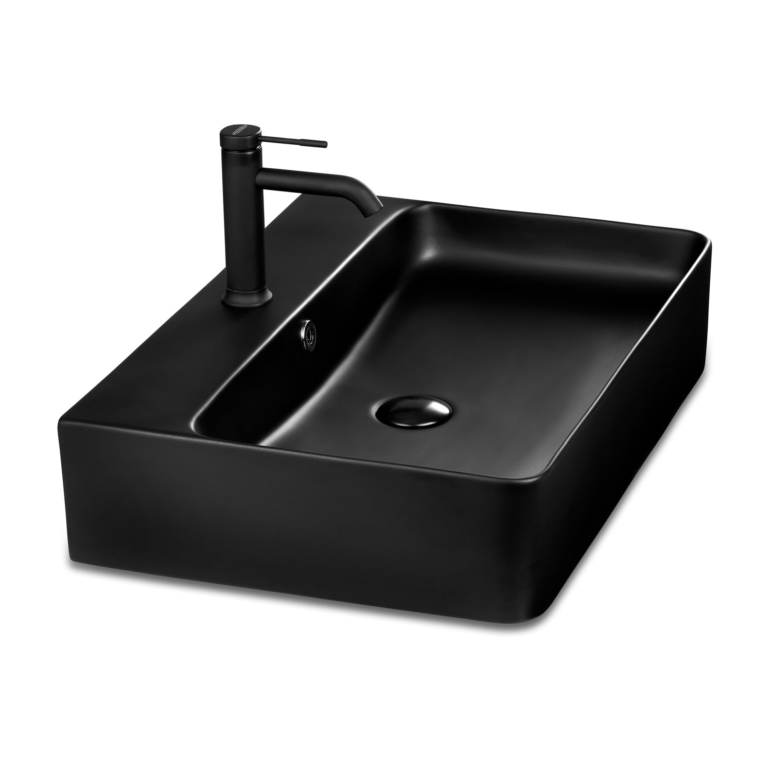 Lavabo Berlin noir mat 60 x 42 en céramique fine pour montage mural ou comme lavabo à poser avec trou pour robinet