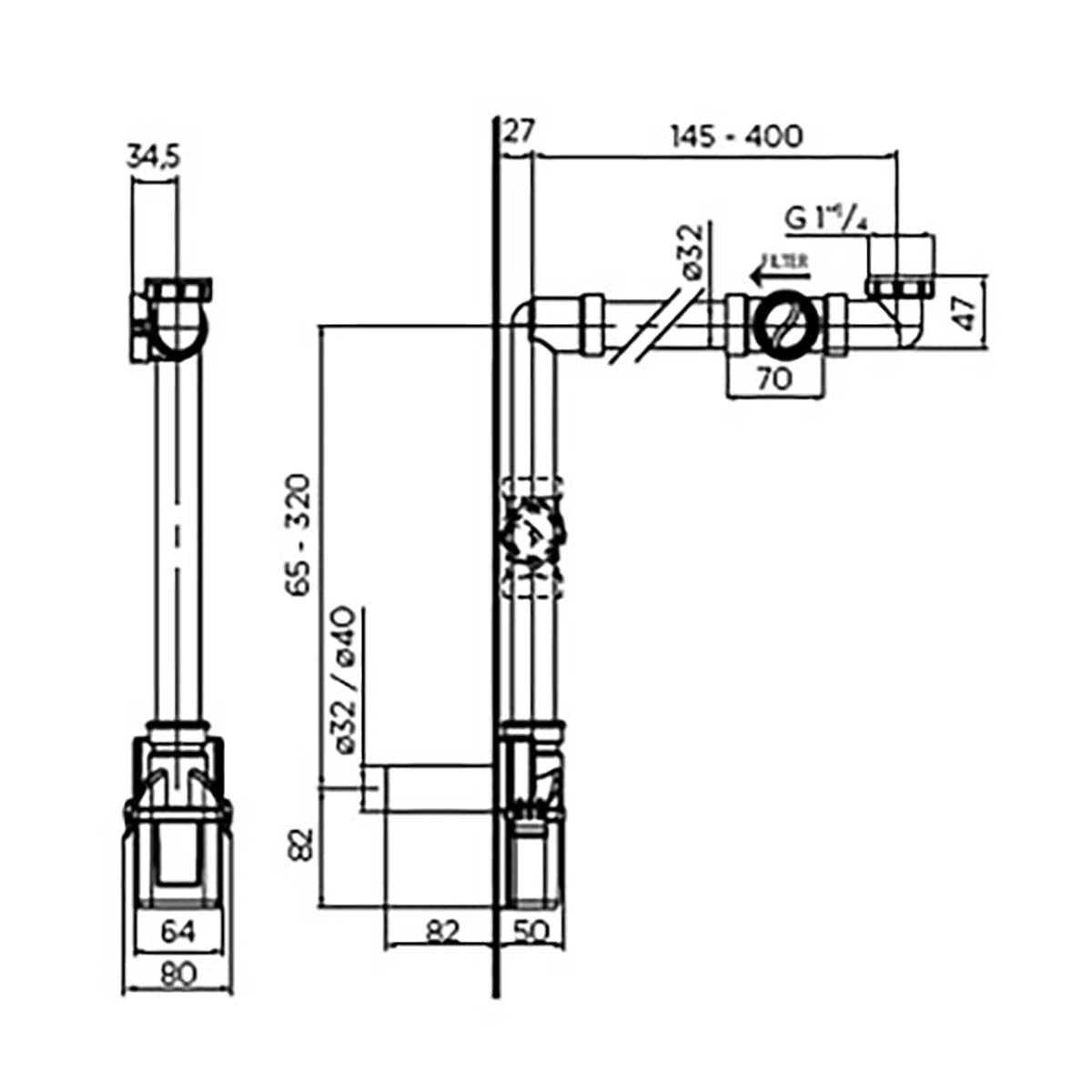 Siphon gain de place 1 1/4” ISY-SIPHON AL800F avec filtre Twist-It