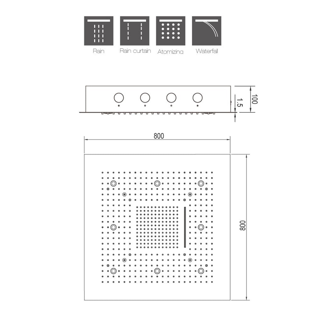 Douche de plafond Soho 80x80 LED cascade & brouillard avec cadre encastré