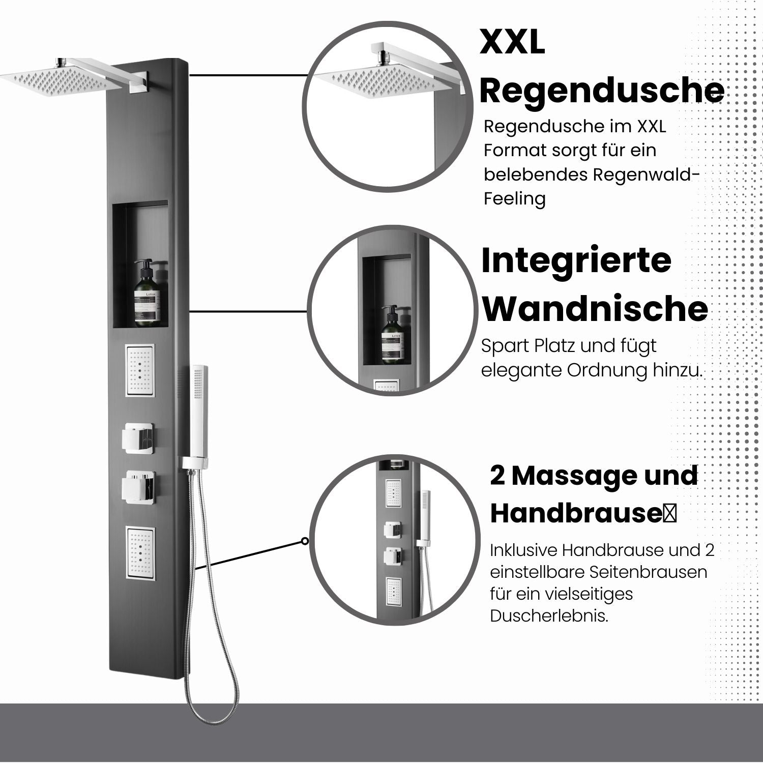 Panneau de douche XXL en gunmetal brossé avec thermostat et niche intégrée
