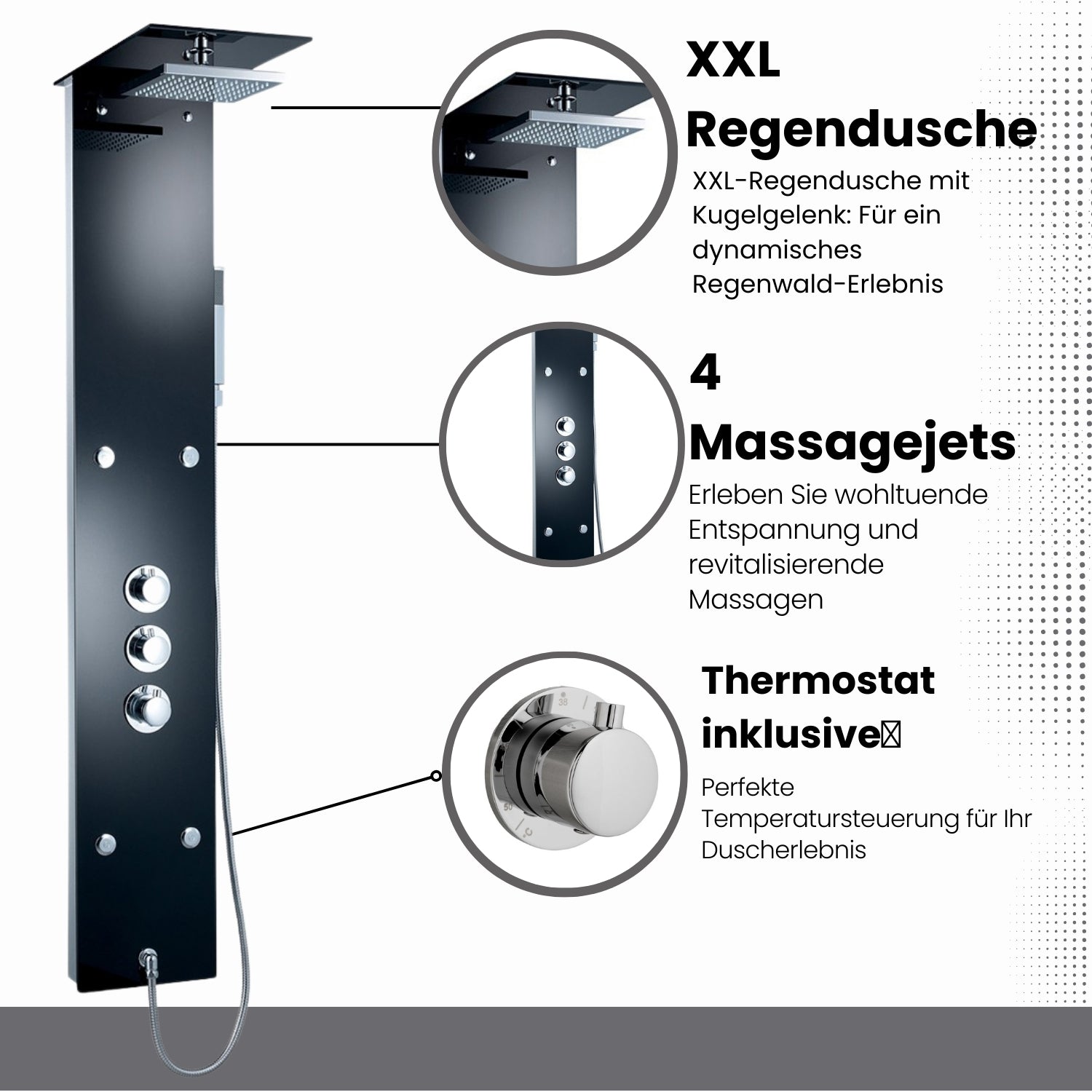 Edles Glas Duschpaneel mit Thermostat Schwarz