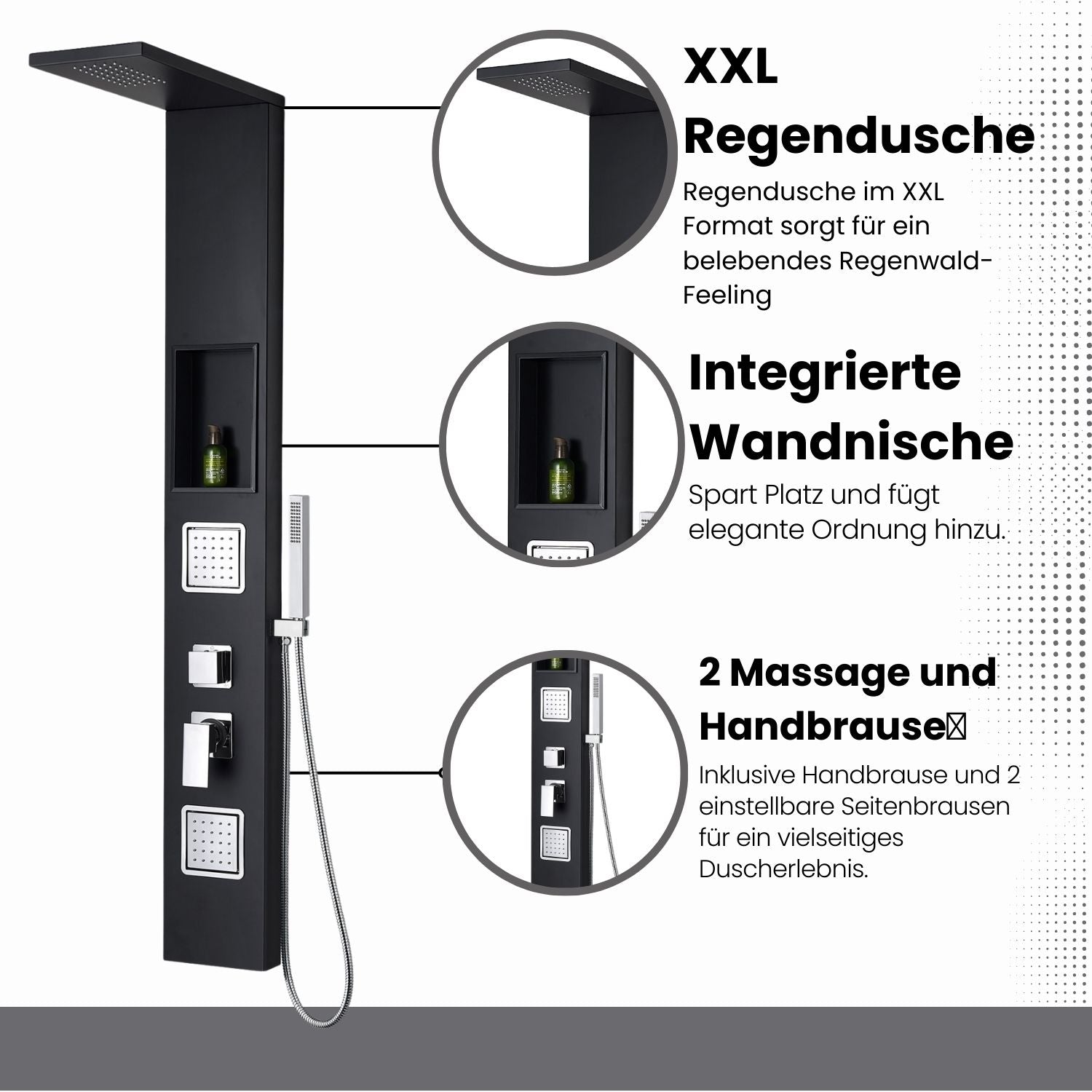 Duschpaneel in Schwarz Matt mit Mischerventil inkl. integrierter Wandnische