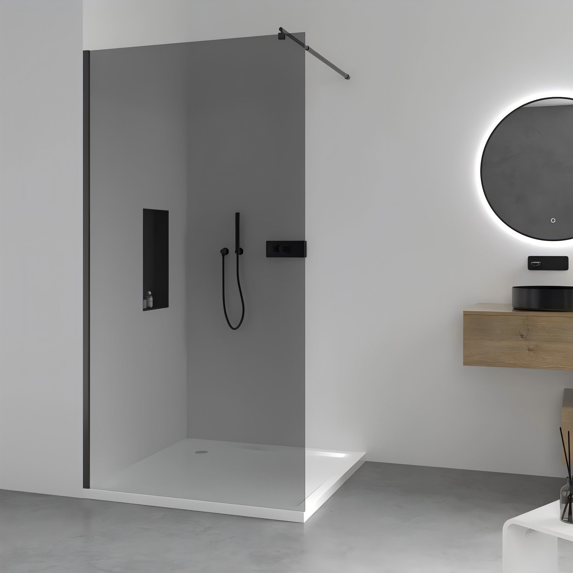 Walk-In Duschtrennwand 8mm ESG Graues Glas 80-160 cm Profil Schwarz Matt
