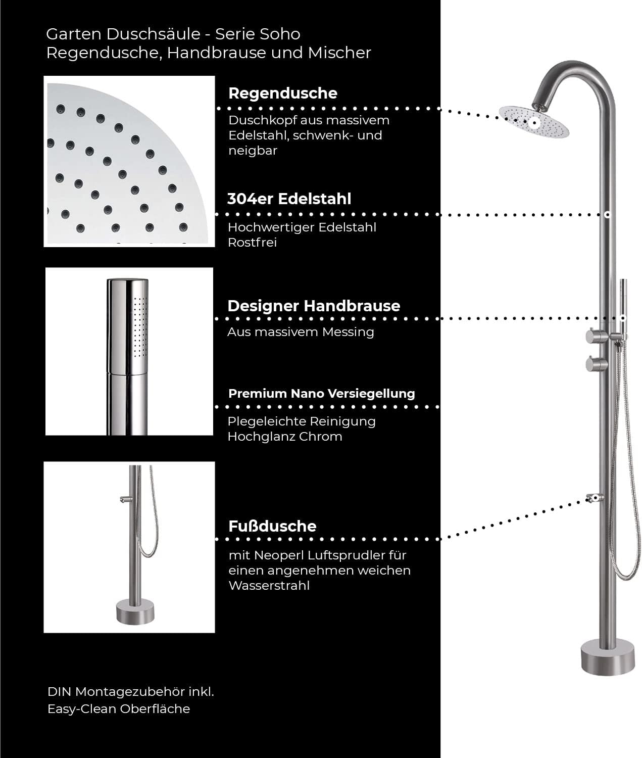 Colonne de douche de jardin design série SOHO avec douche pluie et douchette à main en acier inoxydable douche de jardin