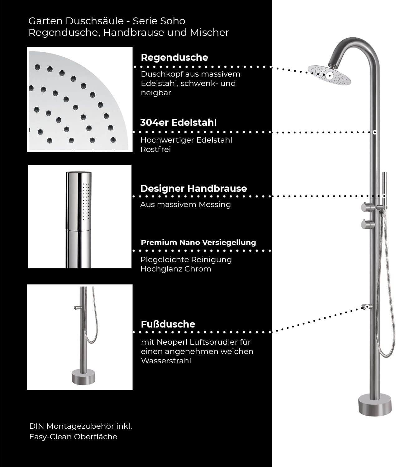 Designer Garten Duschsäule Serie SOHO mit Regendusche und Handbrause aus Edelstahl Gartendusche