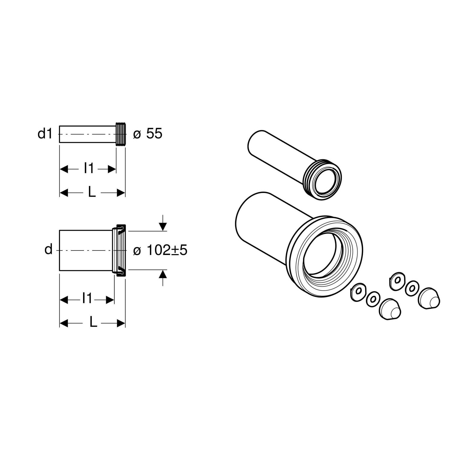 Geberit PE Anschlussgarnitur 152426 für Wand-WC d90mm mit Deckkappen