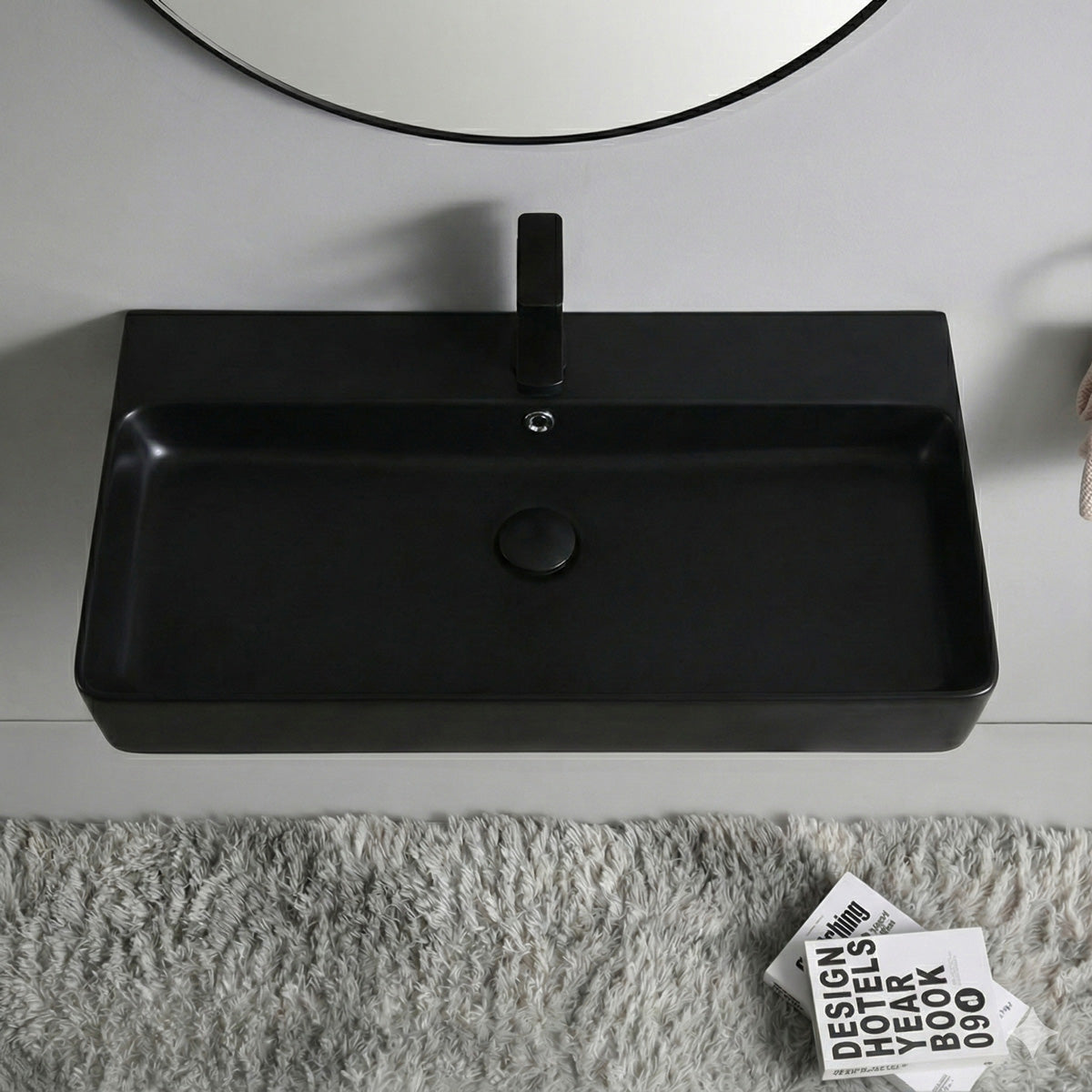 Umývadlo Berlin 80 cm, matně černé keramické, pro nástěnnou montáž nebo jako umyvadlo s otvorem pro baterii