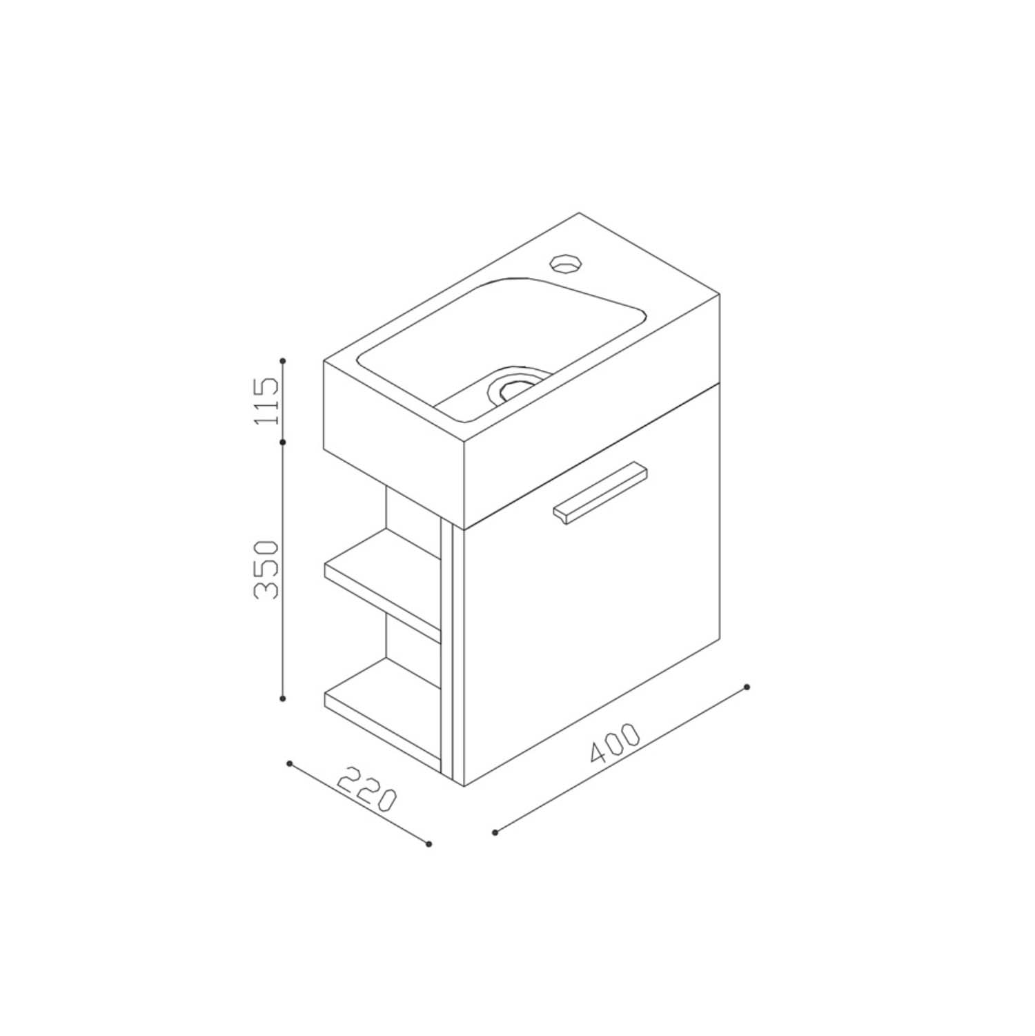 Meuble WC invités avec lavabo, sous-meuble et étagères de rangement, lave-mains