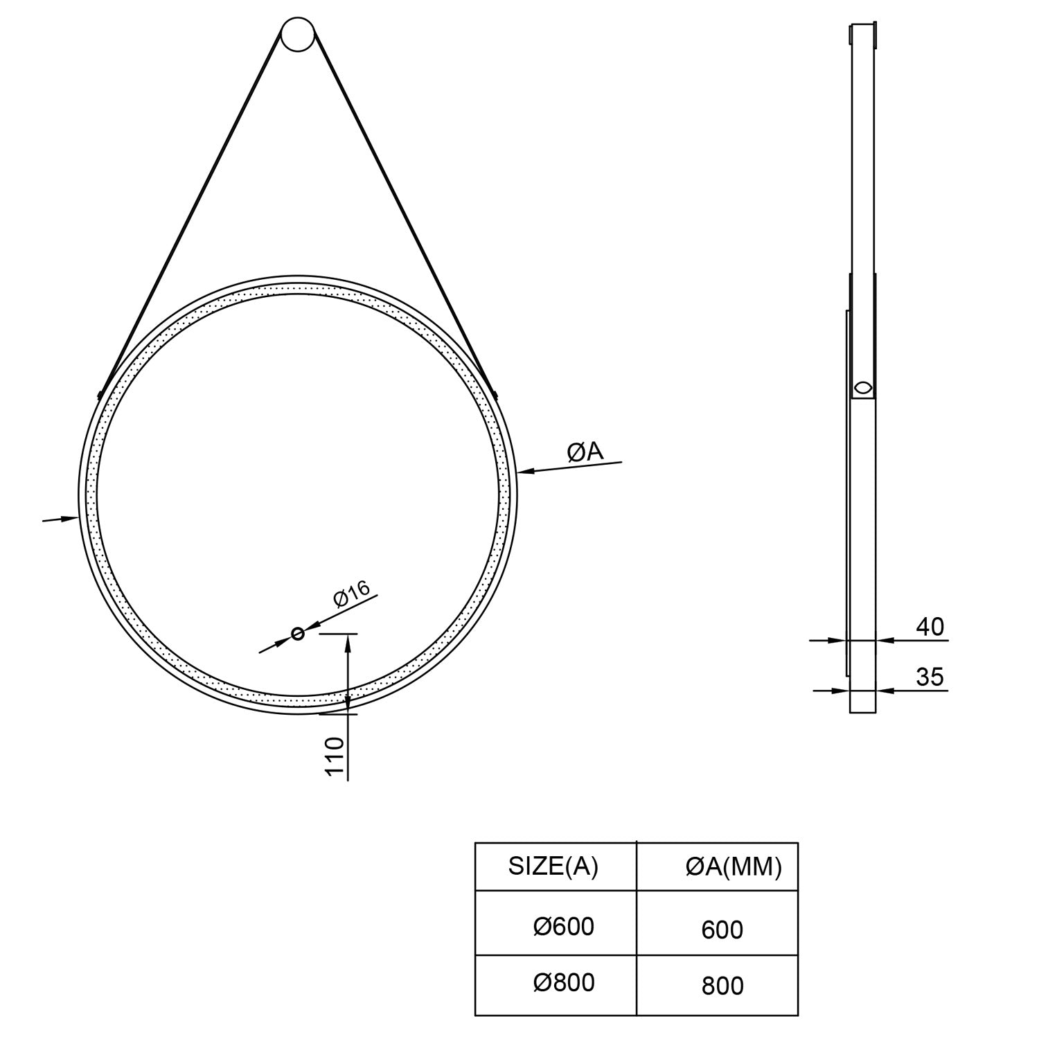 Miroir LED avec chauffage, Ø 60 ou 80 cm, noir mat, réglage lumière chaude/froide, miroir de salle de bain, boucle en cuir