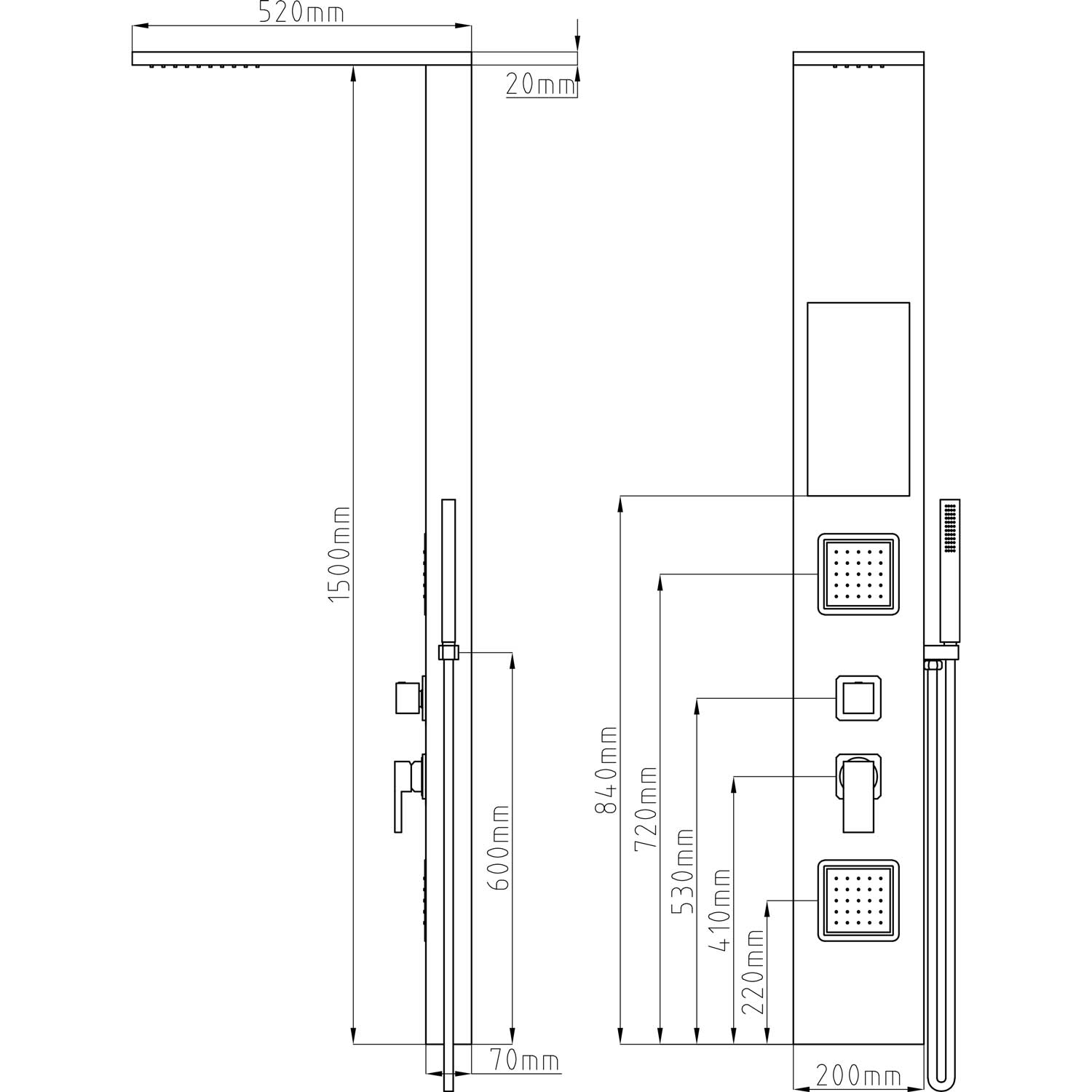 Duschpaneel in Schwarz Matt mit Mischerventil inkl. integrierter Wandnische
