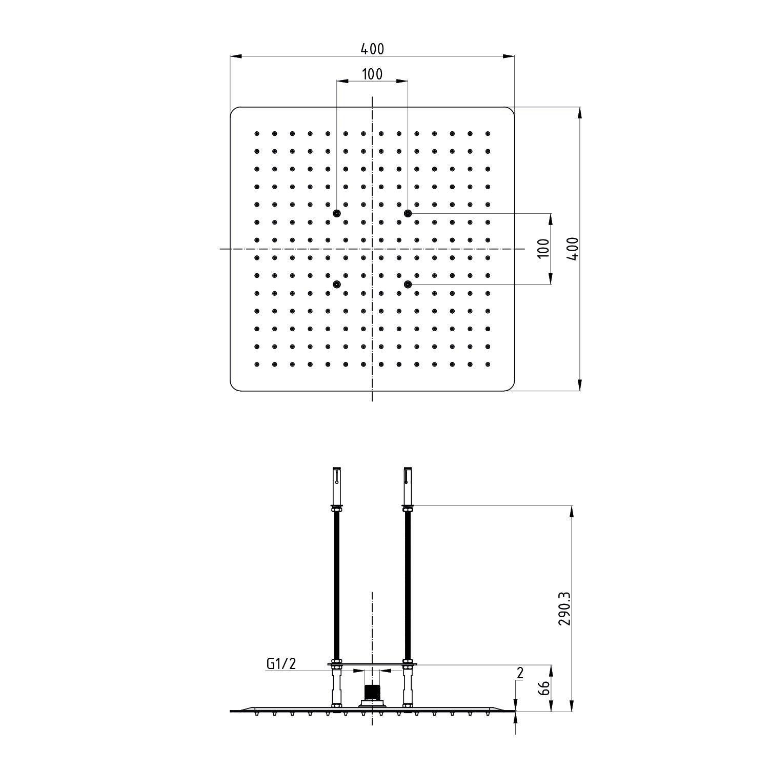 Pomme de douche encastrée Stilform Design 40x40 en acier inoxydable noir mat