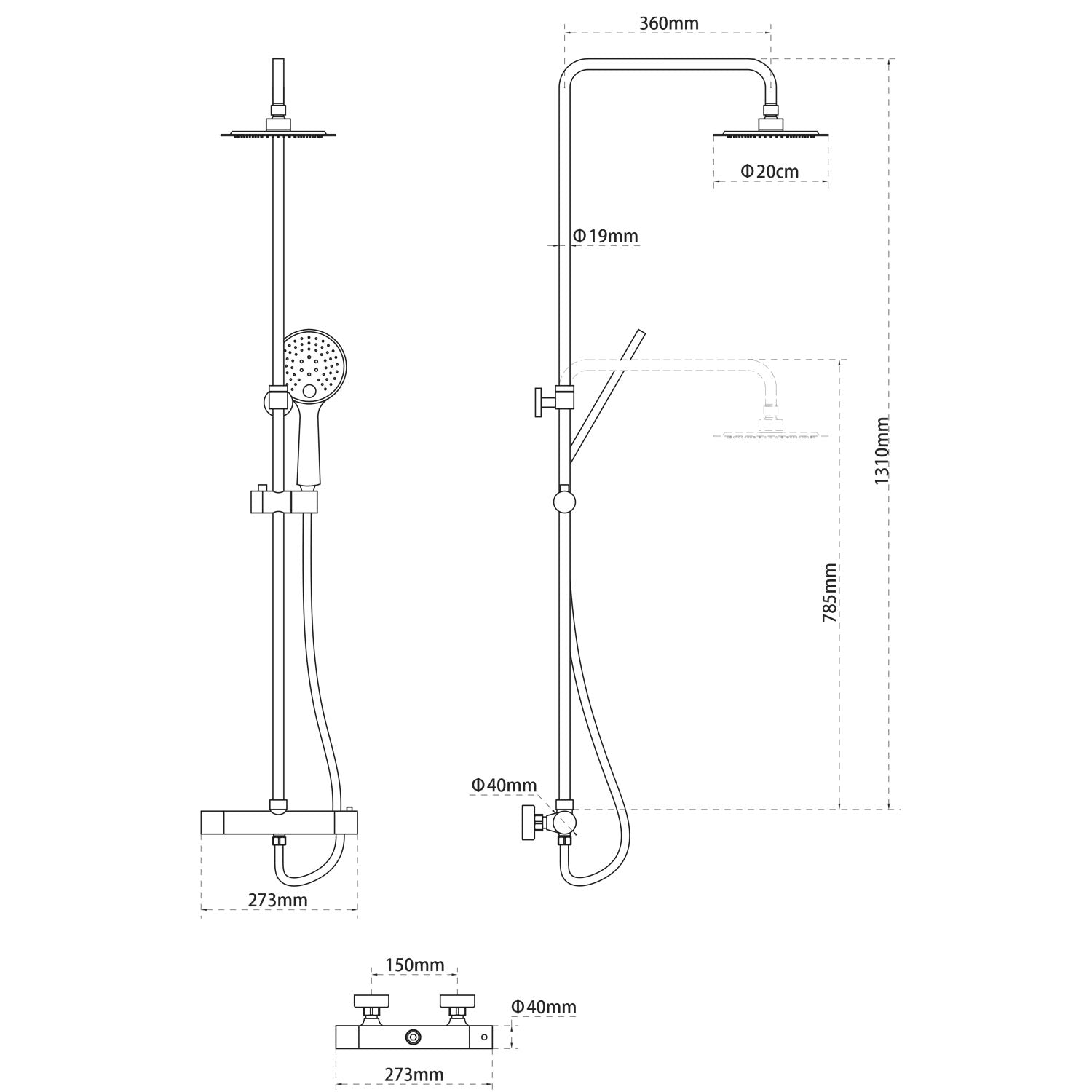 Colonne de douche thermostatique Highline Pro avec douche de pluie et douchette à main noir mat