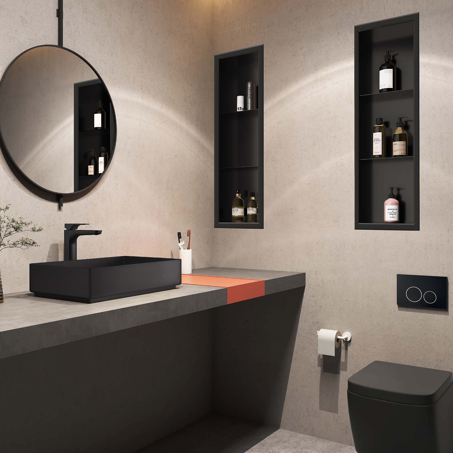 Niche murale Stilform 90 x 30 noir mat en acier inoxydable avec 2 étagères, tablette de douche