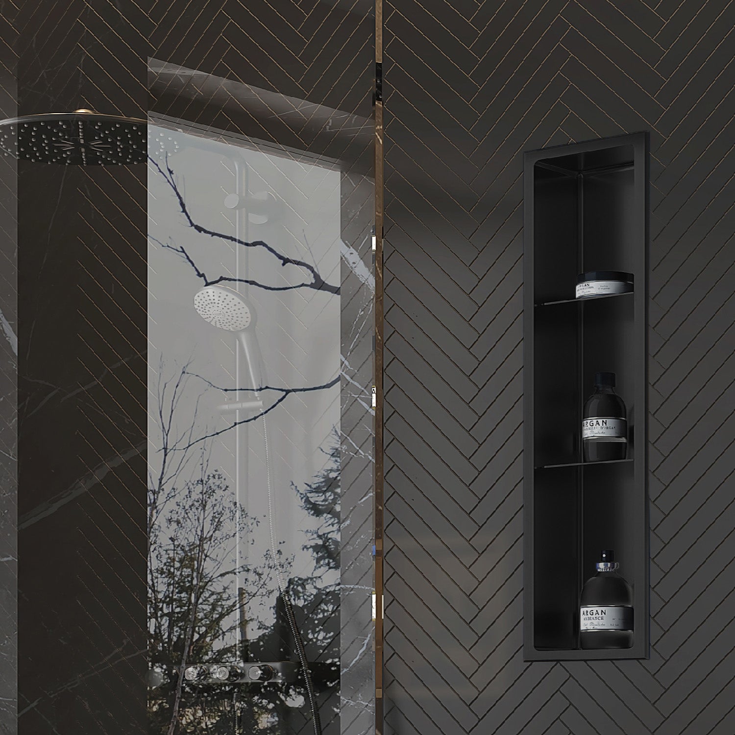 Niche murale Stilform 90 x 30 noir mat en acier inoxydable avec 2 étagères, tablette de douche