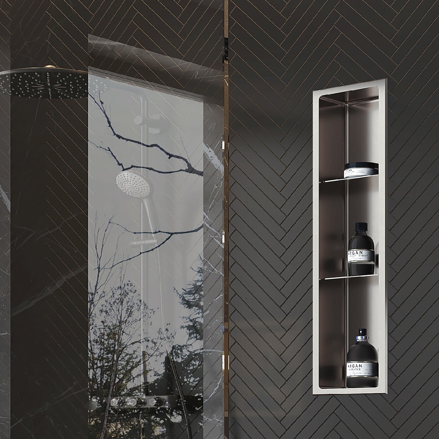 Niche murale Stilform 90 x 30 cm en acier inoxydable brossé avec 2 étagères, étagère de douche