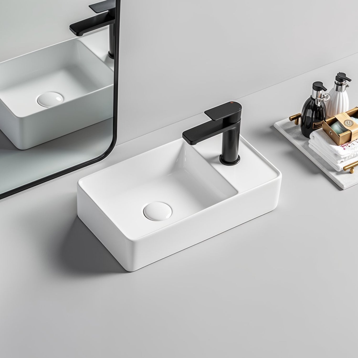 Lavabo WC d'invités SOHO 2.0 en céramique fine, dimensions 46 x 25 x 12 cm, pour montage mural ou utilisation comme vasque à poser avec trou pour robinet