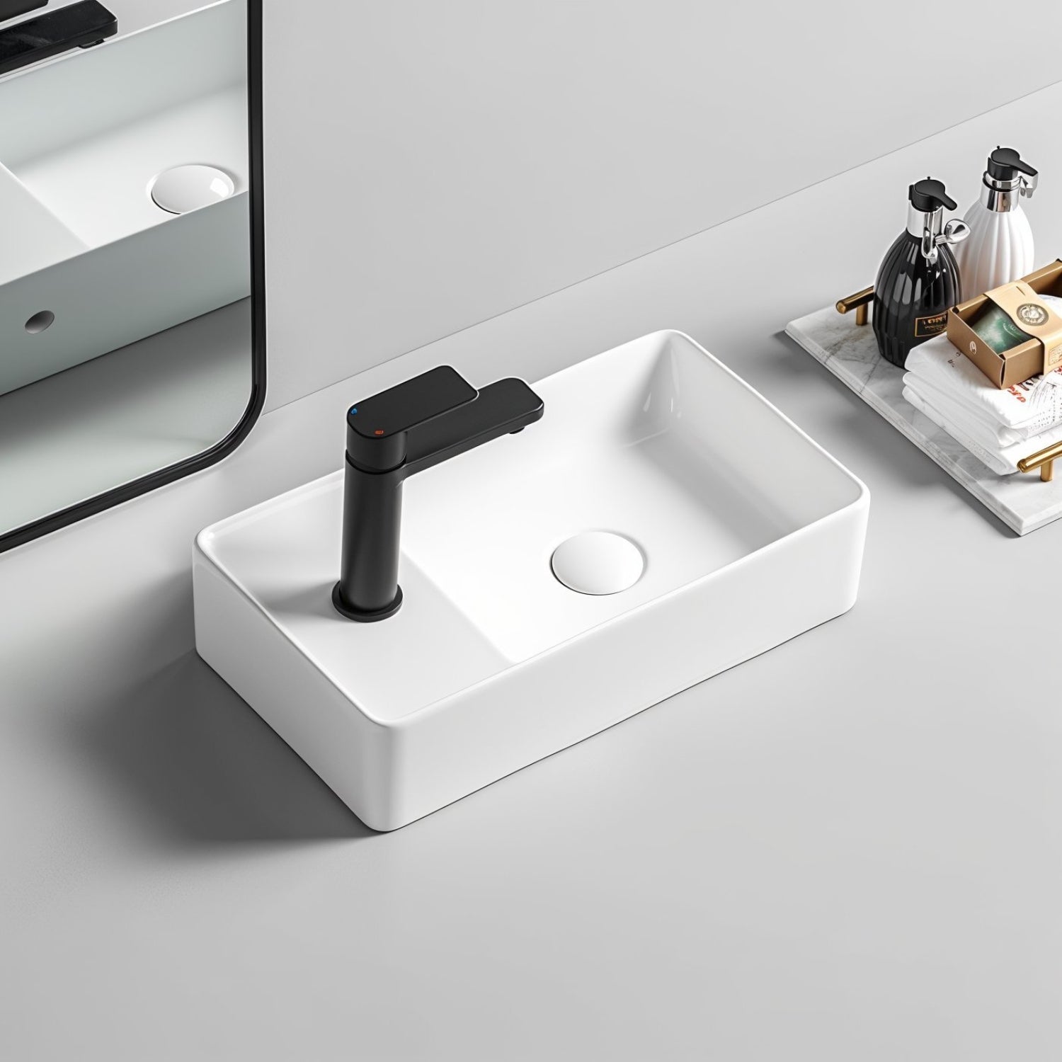 Lavabo WC d'invités SOHO 2.0 en céramique fine, dimensions 46 x 25 x 12 cm, pour montage mural ou utilisation comme vasque à poser avec trou pour robinet