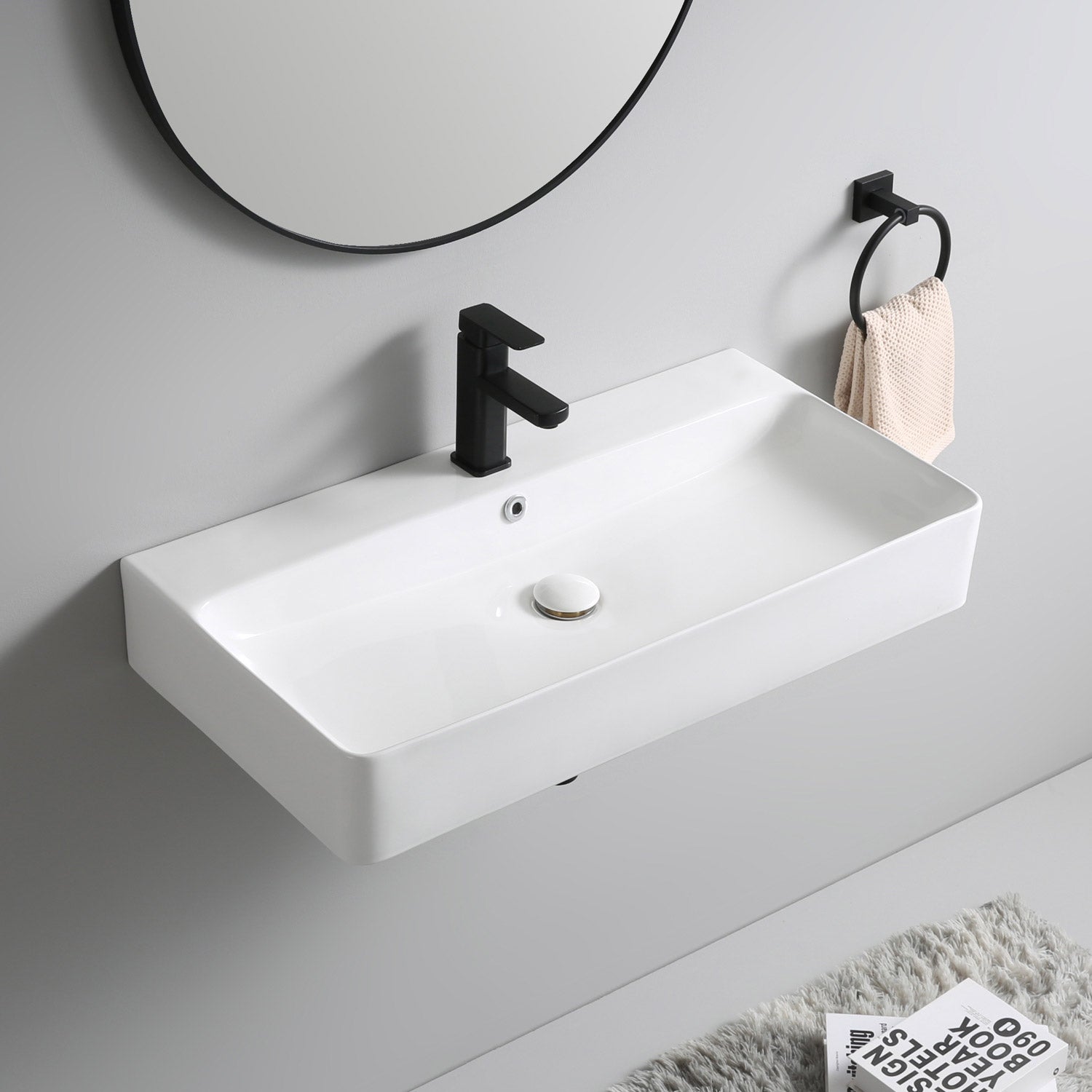 Lavabo Berlin 80 cm en céramique fine pour montage mural ou en vasque avec trou pour robinet