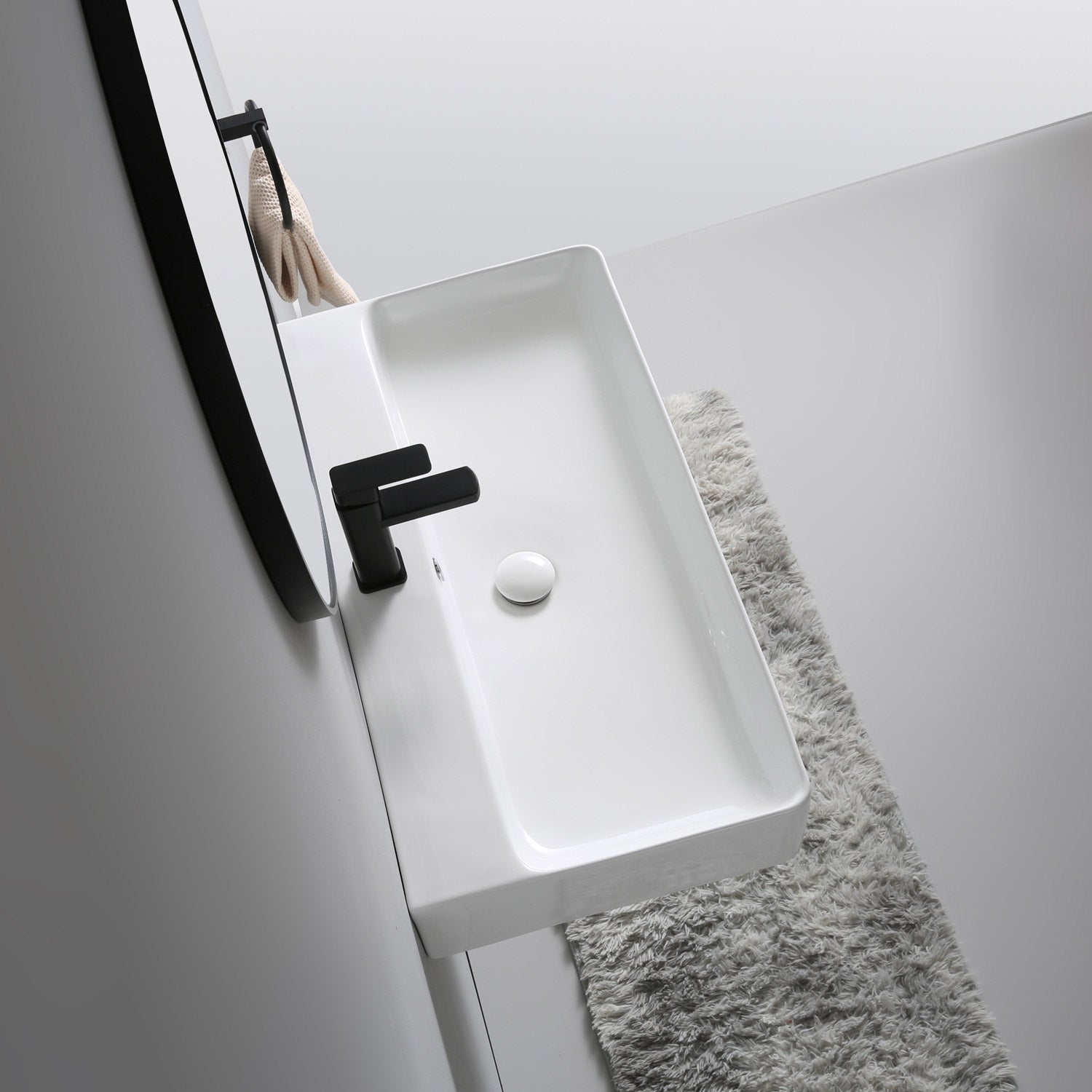 Lavabo Berlin 80 cm en céramique fine pour montage mural ou en vasque avec trou pour robinet