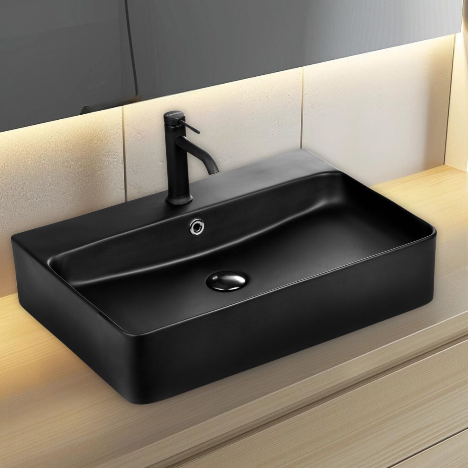 Lavabo Berlin noir mat 60 x 42 en céramique fine pour montage mural ou comme lavabo à poser avec trou pour robinet