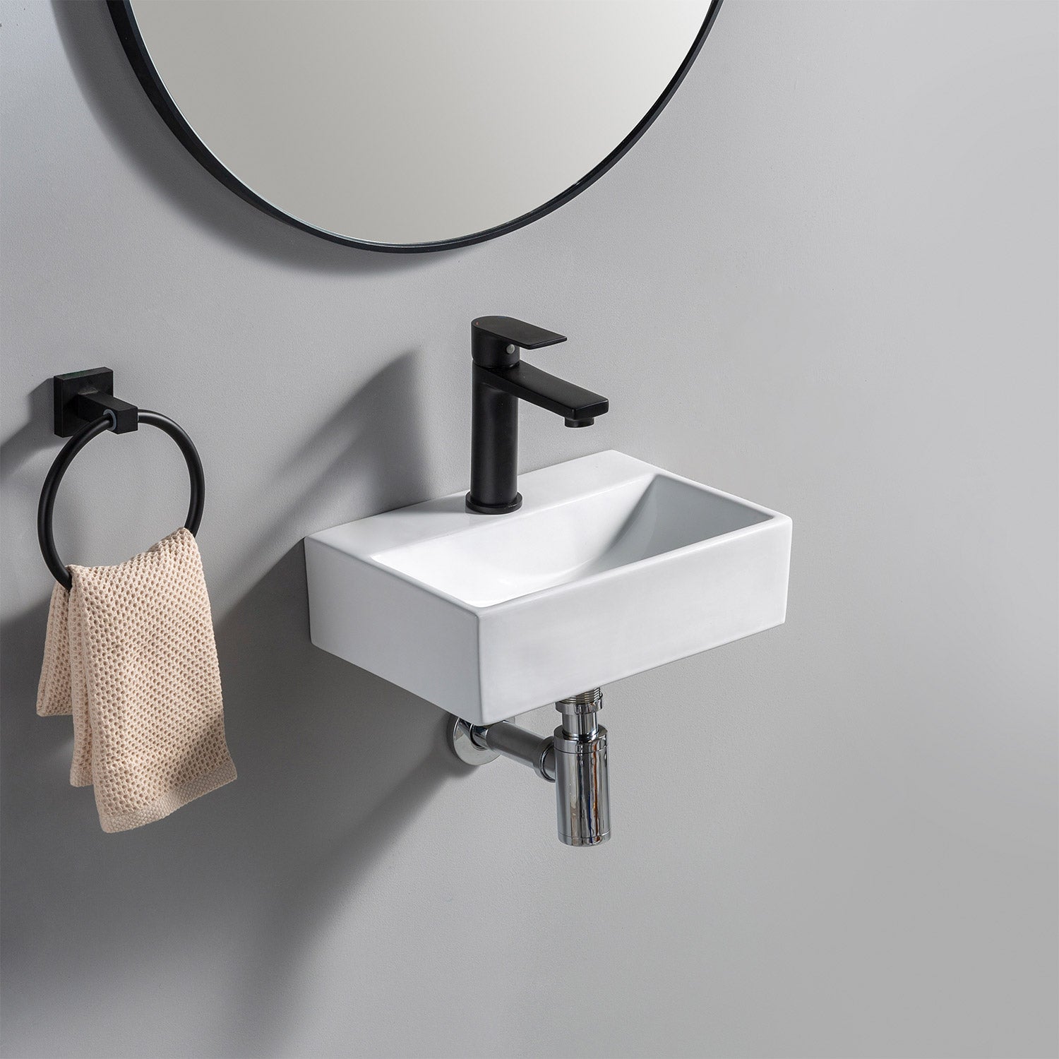 Lavabo Paris 36x25 cm en céramique fine pour montage mural ou à poser, avec trou pour robinet