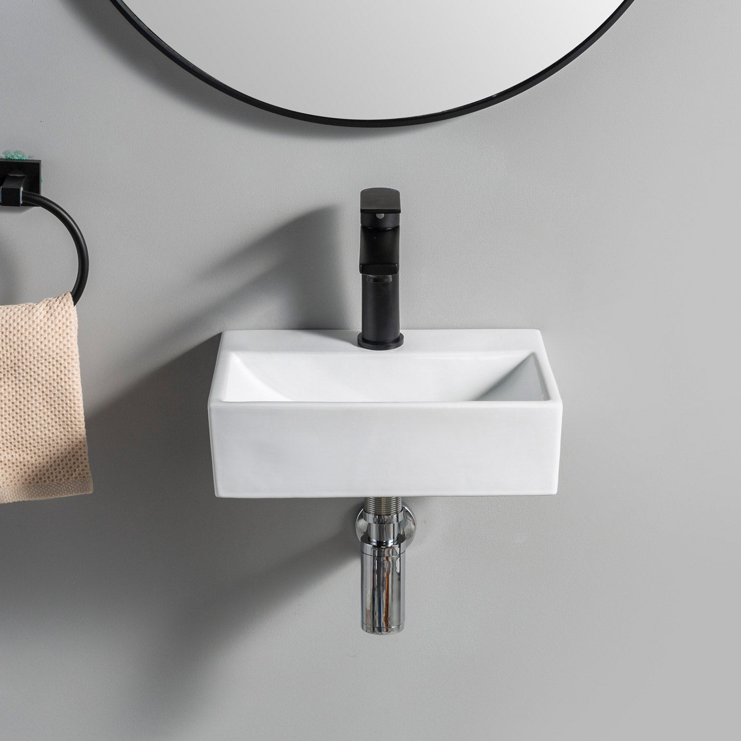 Lavabo Paris 36x25 cm en céramique fine pour montage mural ou à poser, avec trou pour robinet