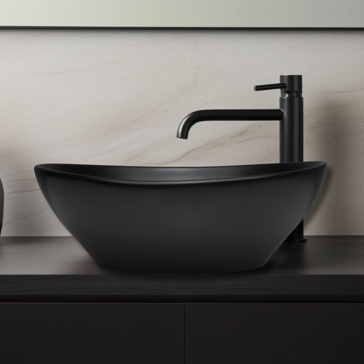 Lavabo à poser Park en céramique fine, finition noir mat, sans trou pour robinet, 400 x 340 x 145 mm