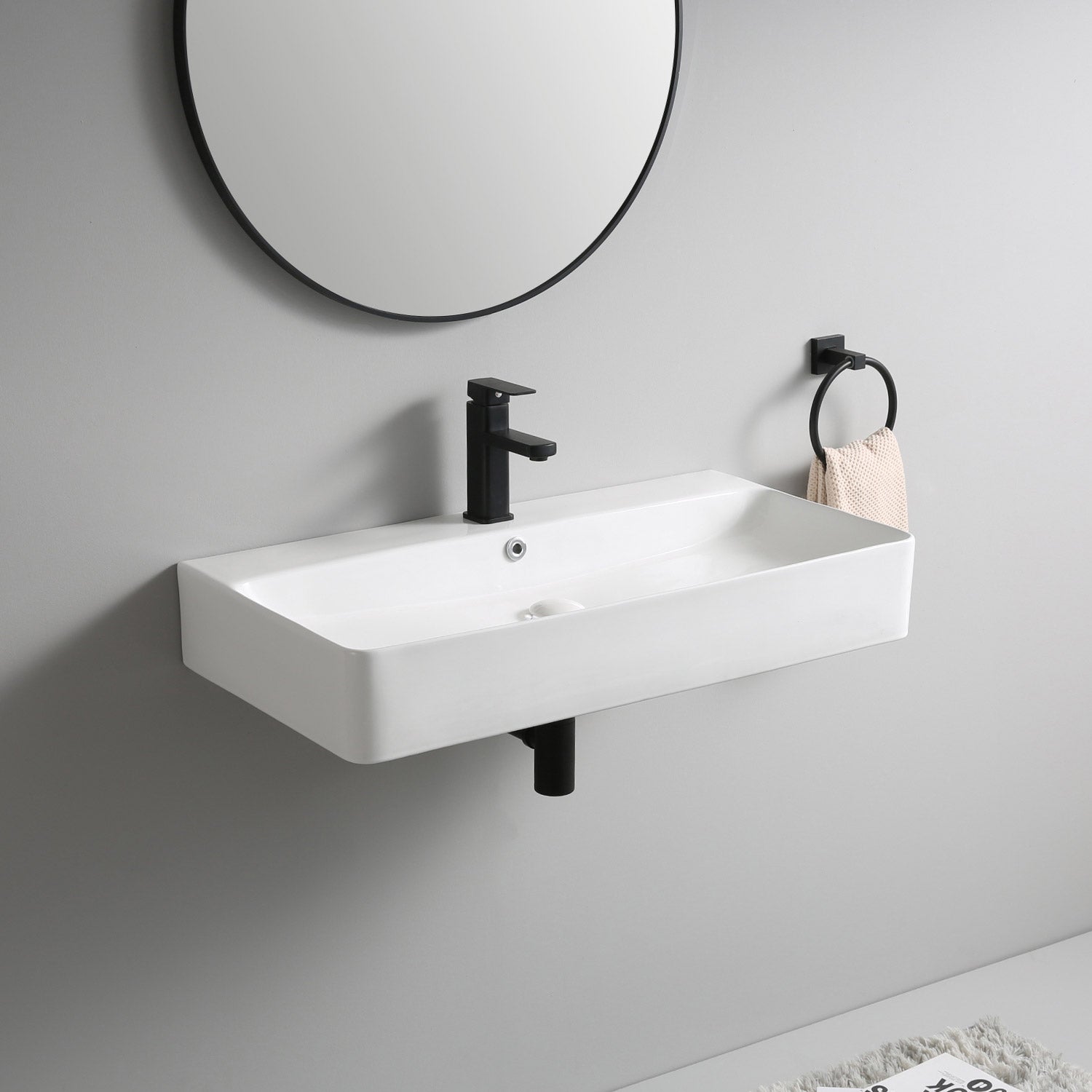 Lavabo Berlin 80 cm en céramique fine pour montage mural ou en vasque avec trou pour robinet
