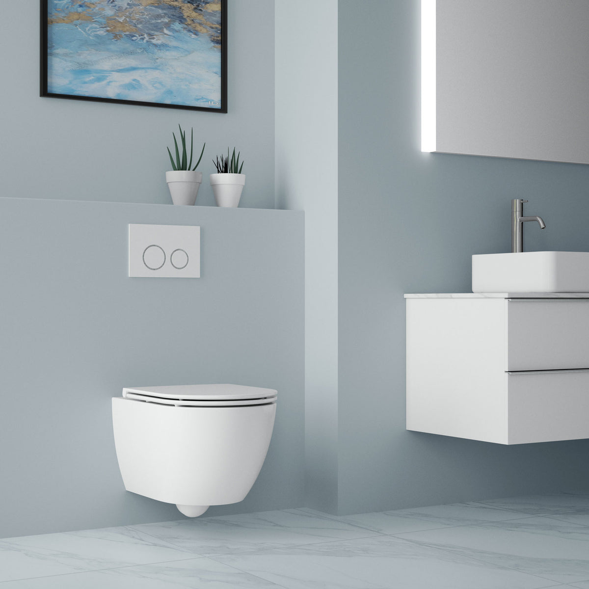 Wand-WC Soho 3.0 an der Wand montiert mit Drückerplatte