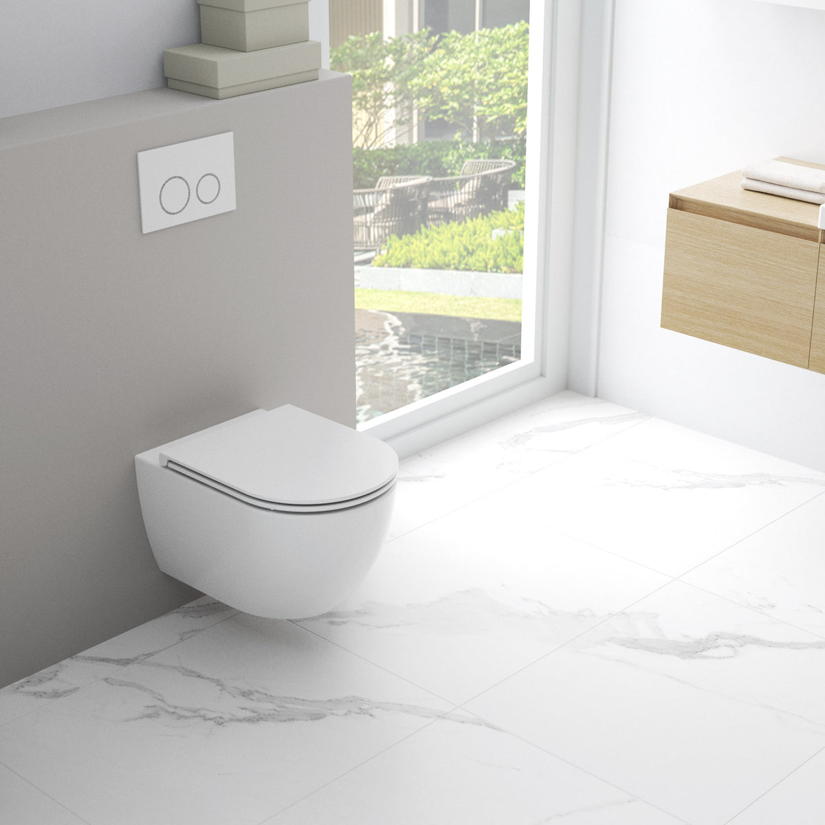 Wand-WC Soho 3.0 an der Wand montiert mit geschlossenem Sitz