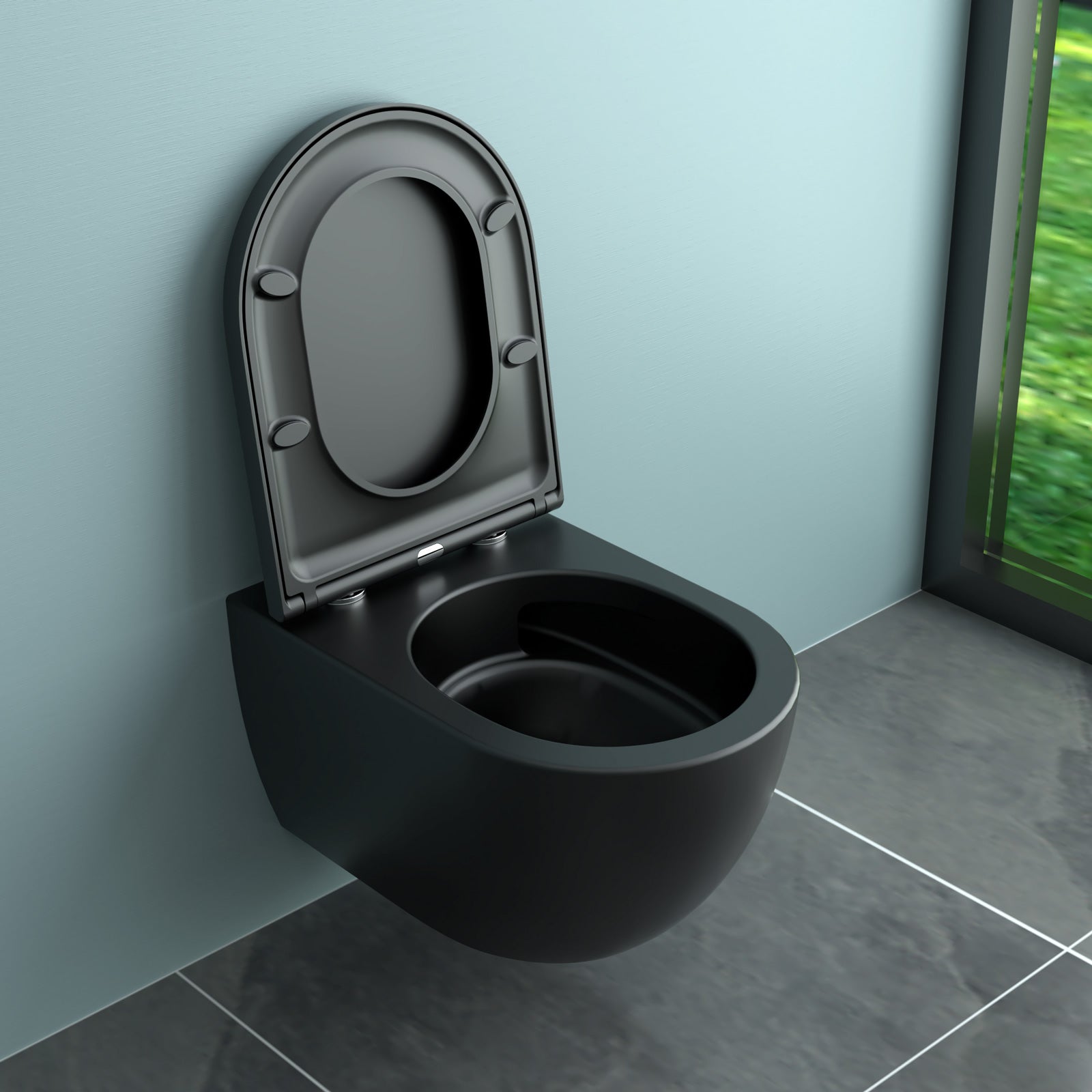 WC sospeso Soho Whirlflush WC senza brida nero opaco con sedile WC