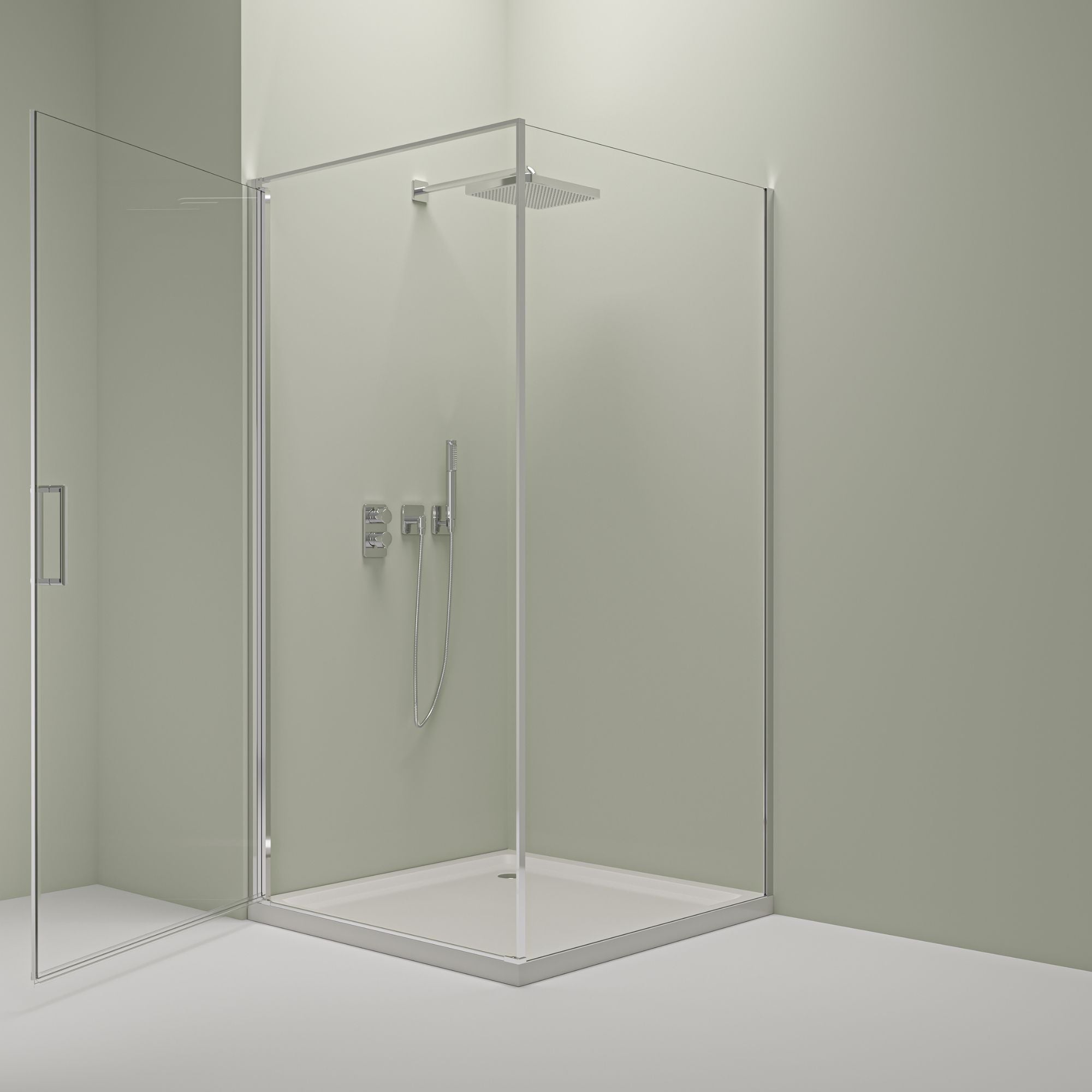 Box doccia ad angolo con porta a battente – Vetro di sicurezza 8 mm, profilo cromato, diverse misure
