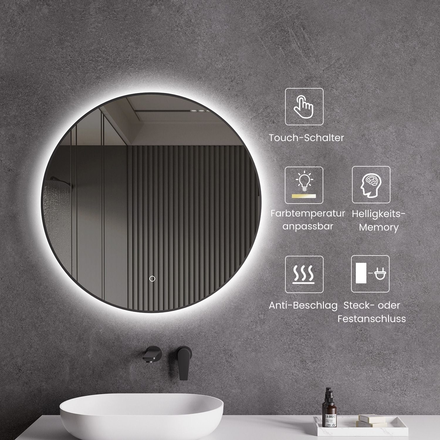 Specchio LED con riscaldamento specchio Ø 60, 80, 100 cm nero opaco con regolazione della luce calda/fredda specchio da bagno