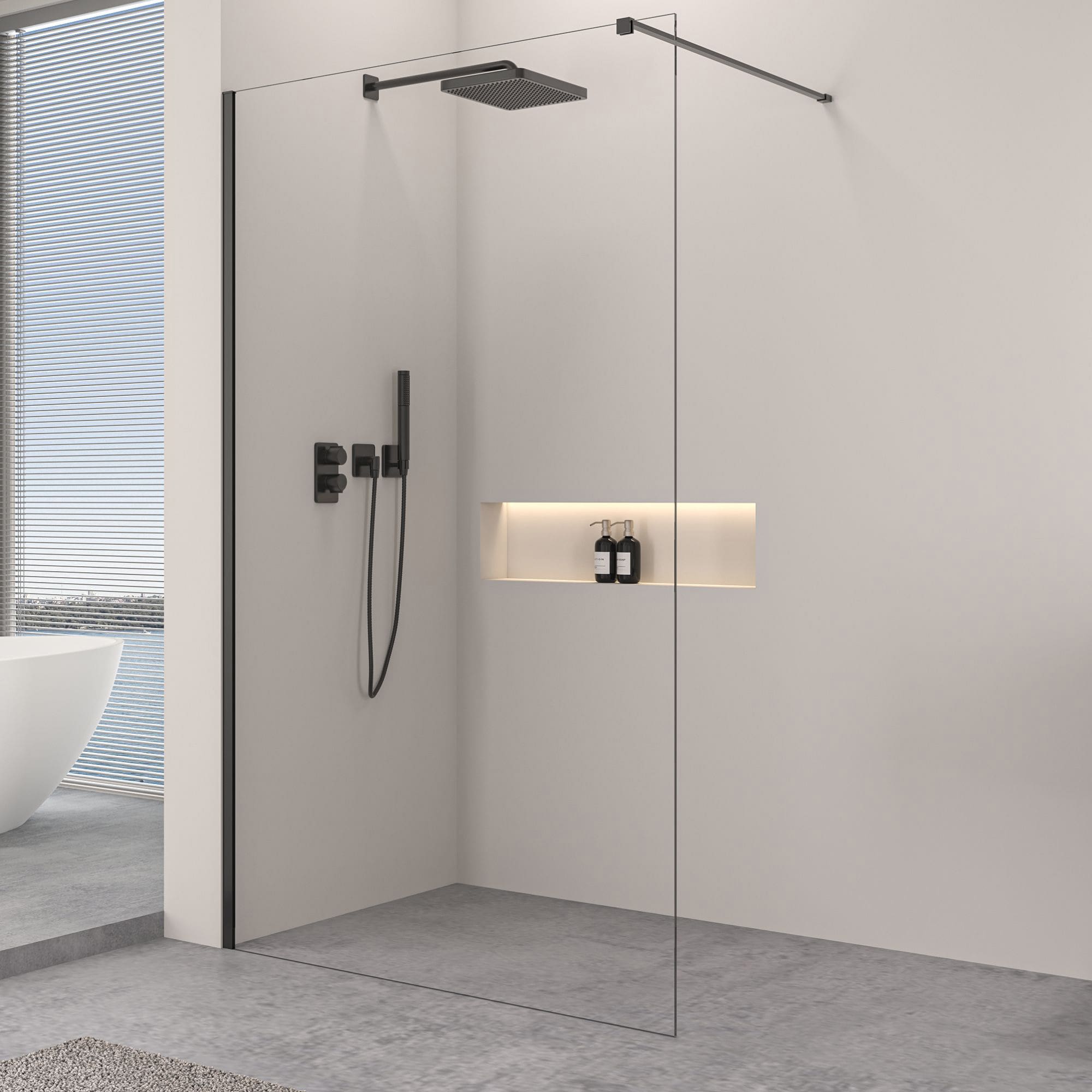 Walk-In Duschtrennwand 8mm ESG Graues Glas 80-160 cm Profil Schwarz Matt
