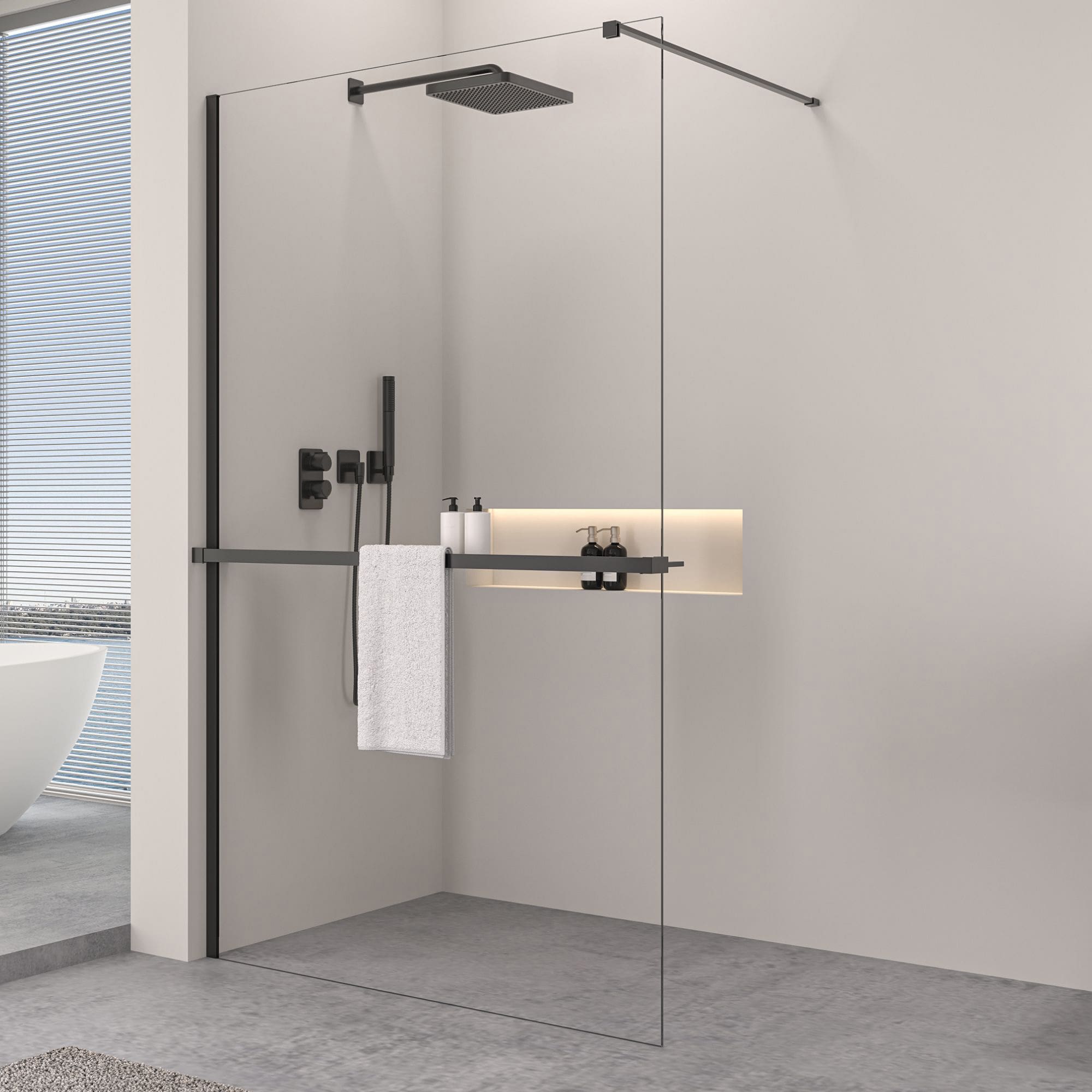 Walk-In Duschtrennwand 8mm ESG Graues Glas 80-160 cm Profil Schwarz Matt