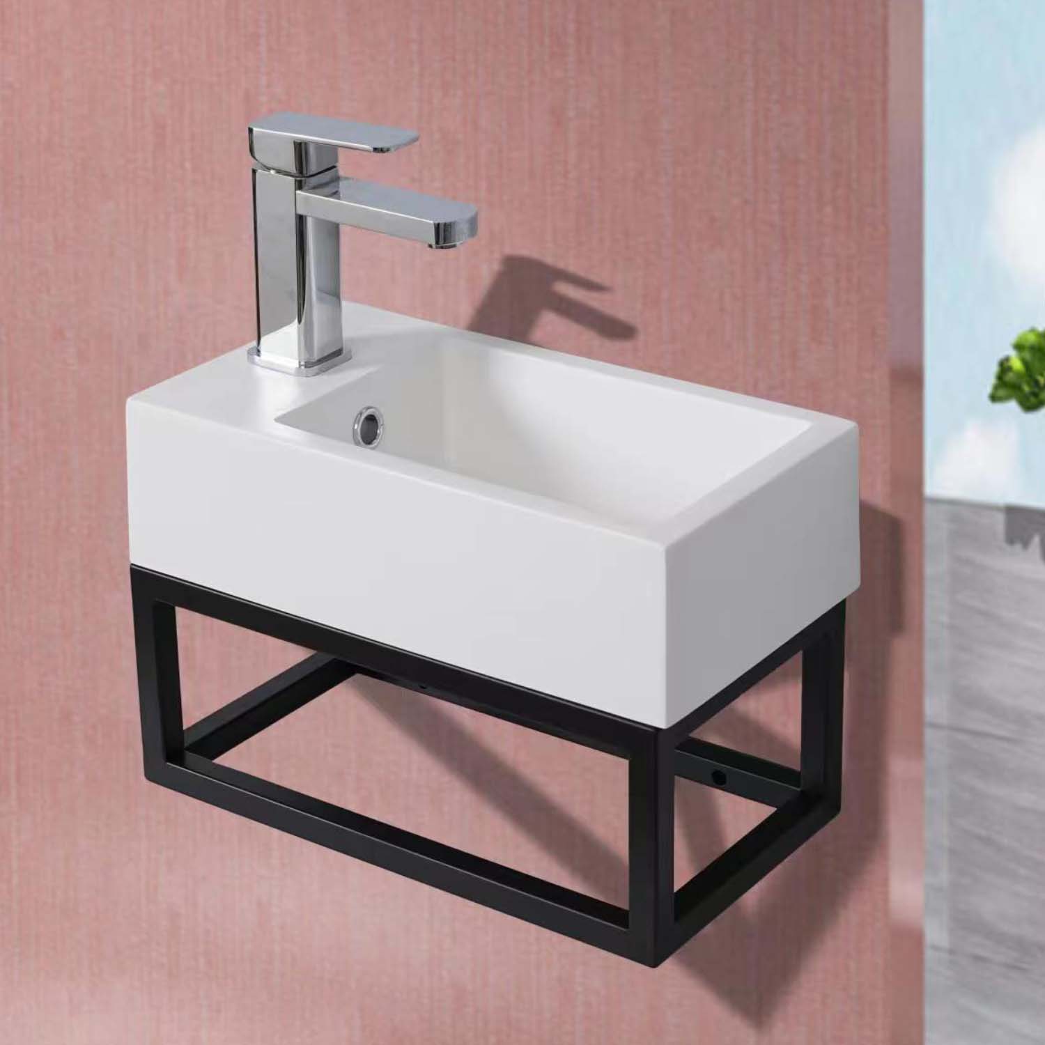 STILFORM Gäste WC Waschbecken Soho Industrial Design aus Mineralguss mit Metallgestell Schwarz Matt mit Hahnloch