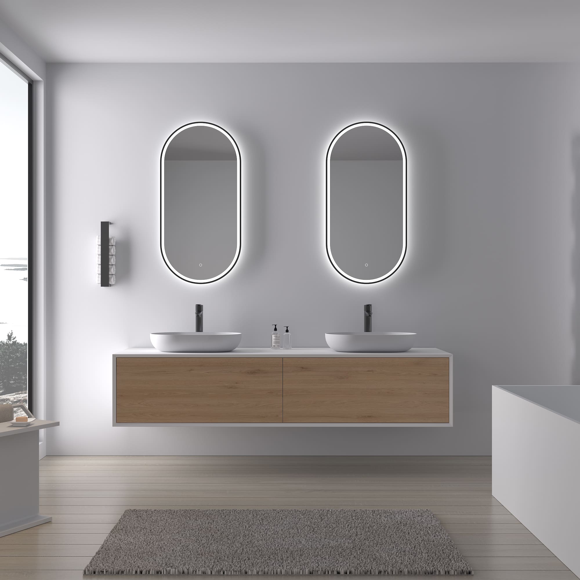 LED mirror oval antifrost 40x60 or 55x100 black matt warm/cold light setting bathroom mirror