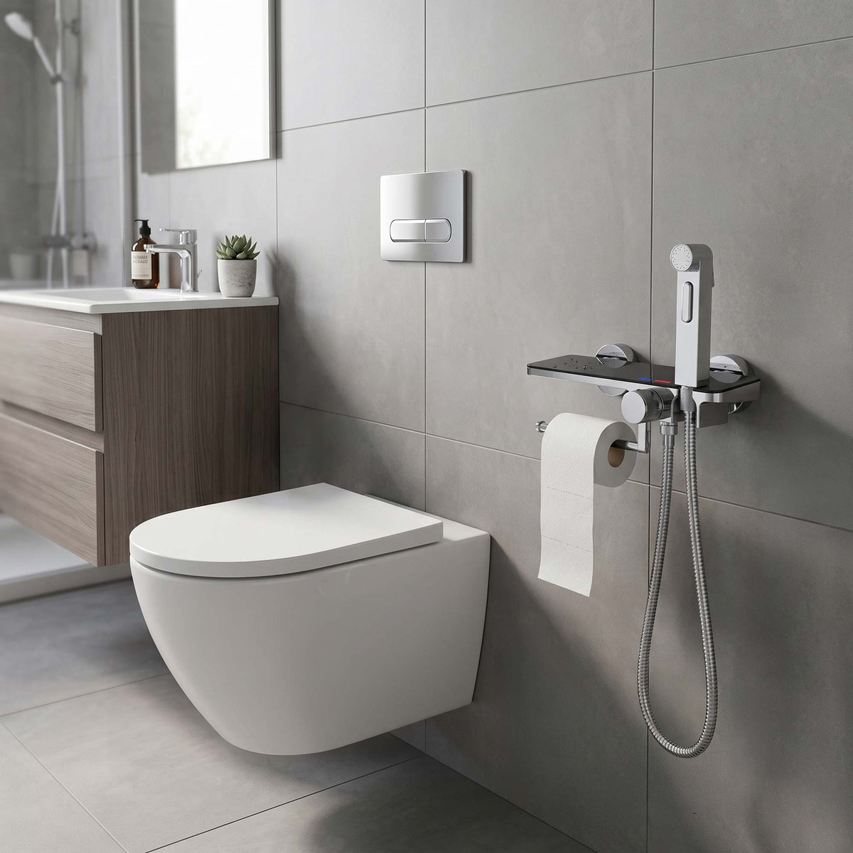 Designová Ruční sprcha pro WC/Bidet s odkládací plochou a držákem na toaletní papír, kompletní sada s Nástěnná směšovací baterií