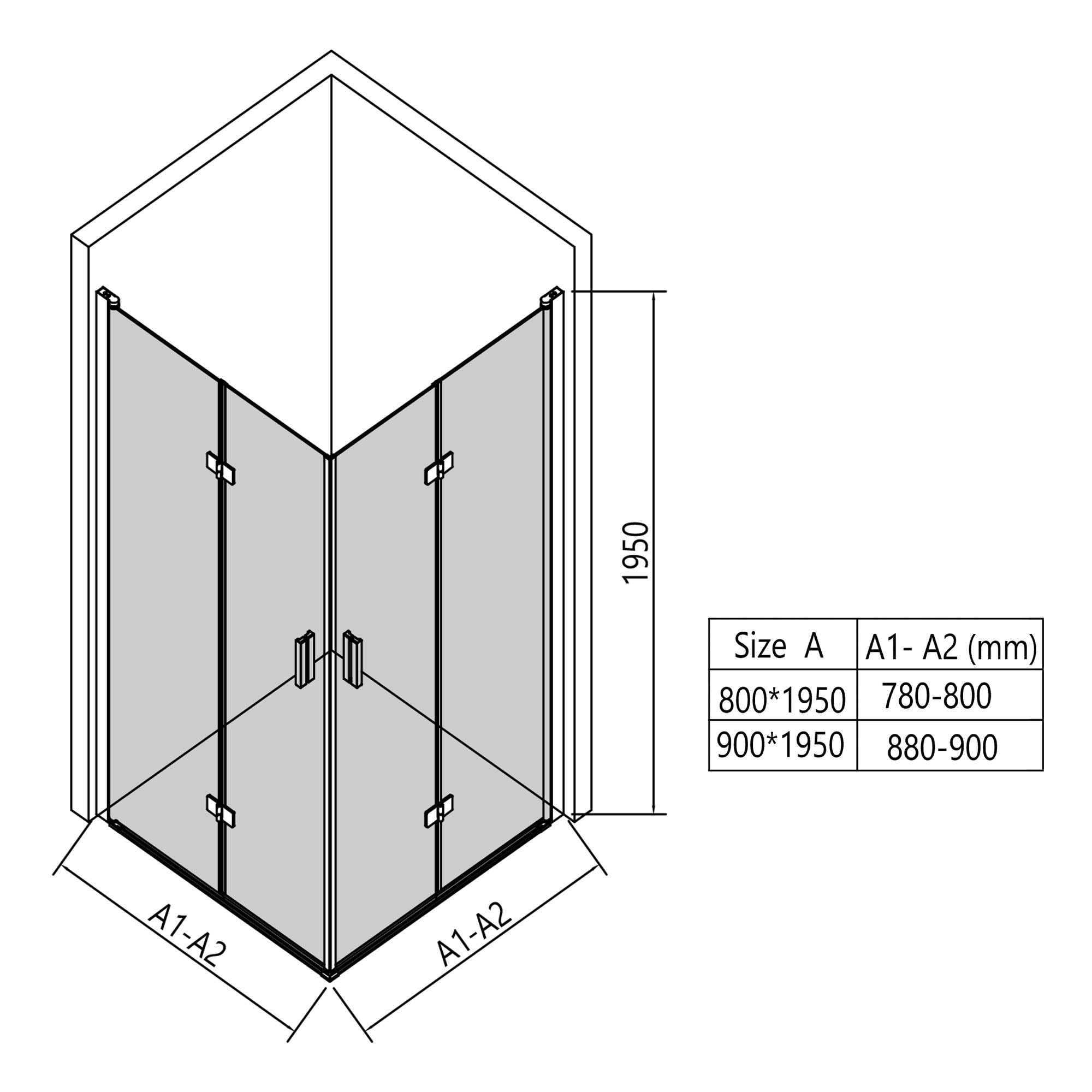 Eck-Duschkabine mit Drehtür – 8 mm Sicherheitsglas in Chrom, versch. Größen