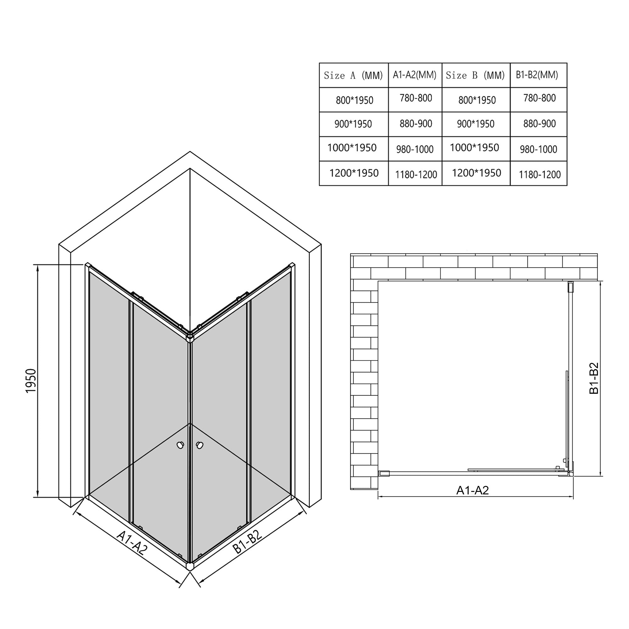 Eck-Duschkabine mit Drehtüren – 8 mm Sicherheitsglas in Chrom, versch. Größen