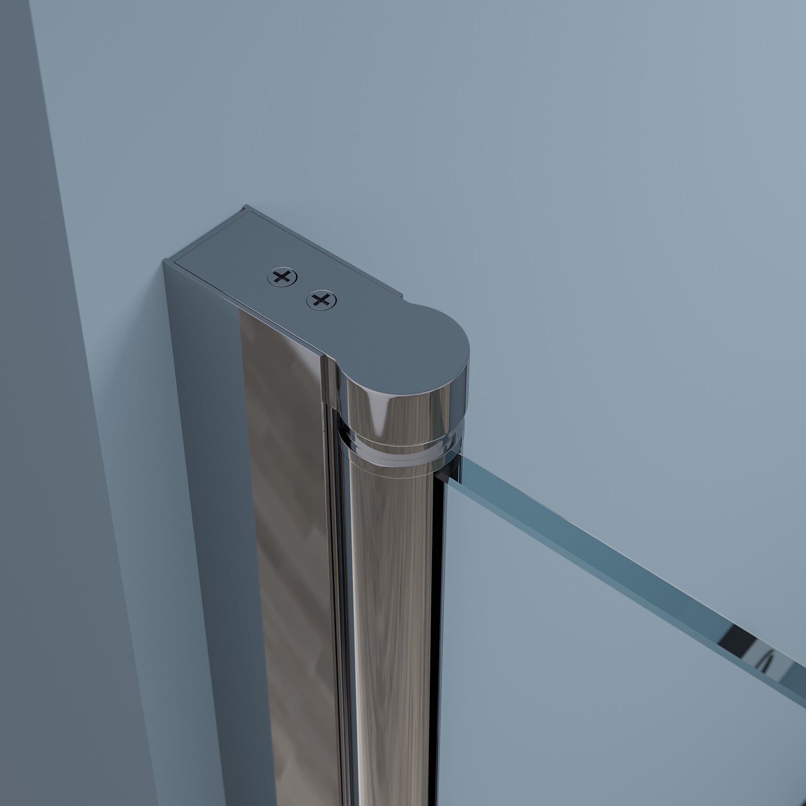 Corner shower enclosure with fixed glass panel and pivot door