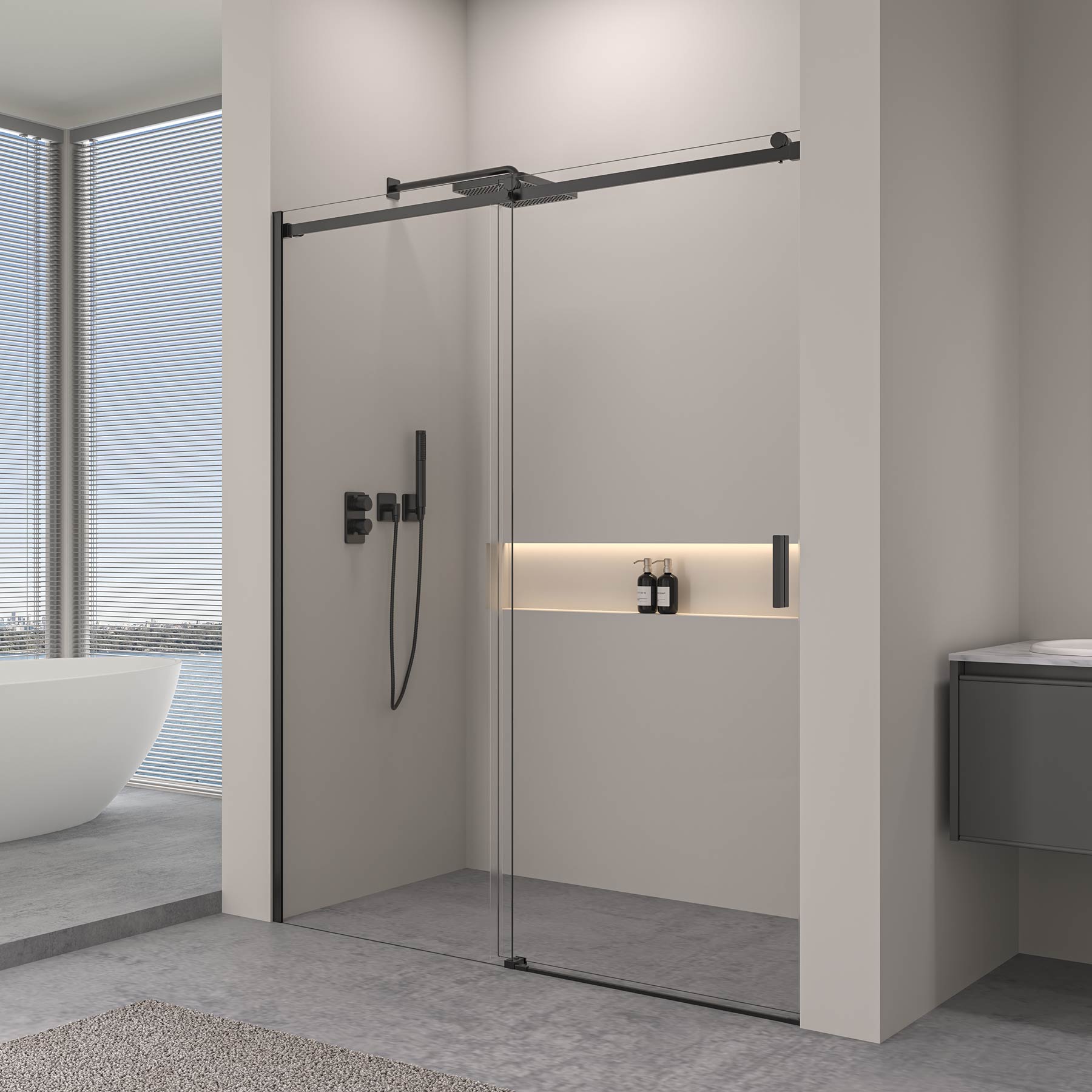 Sprchový kút s posuvnými dverami – 8 mm bezpečnostné sklo / Matná čierna