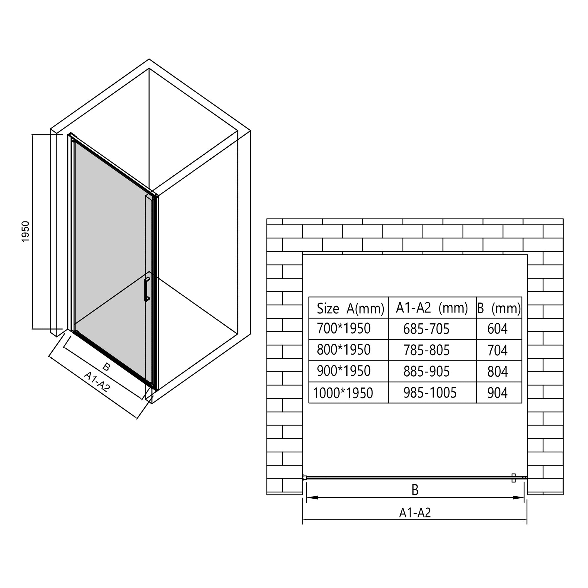 Cabine de douche de niche 70-100 cm avec porte pivotante en verre clair nano 8 mm – couleur du profil au choix