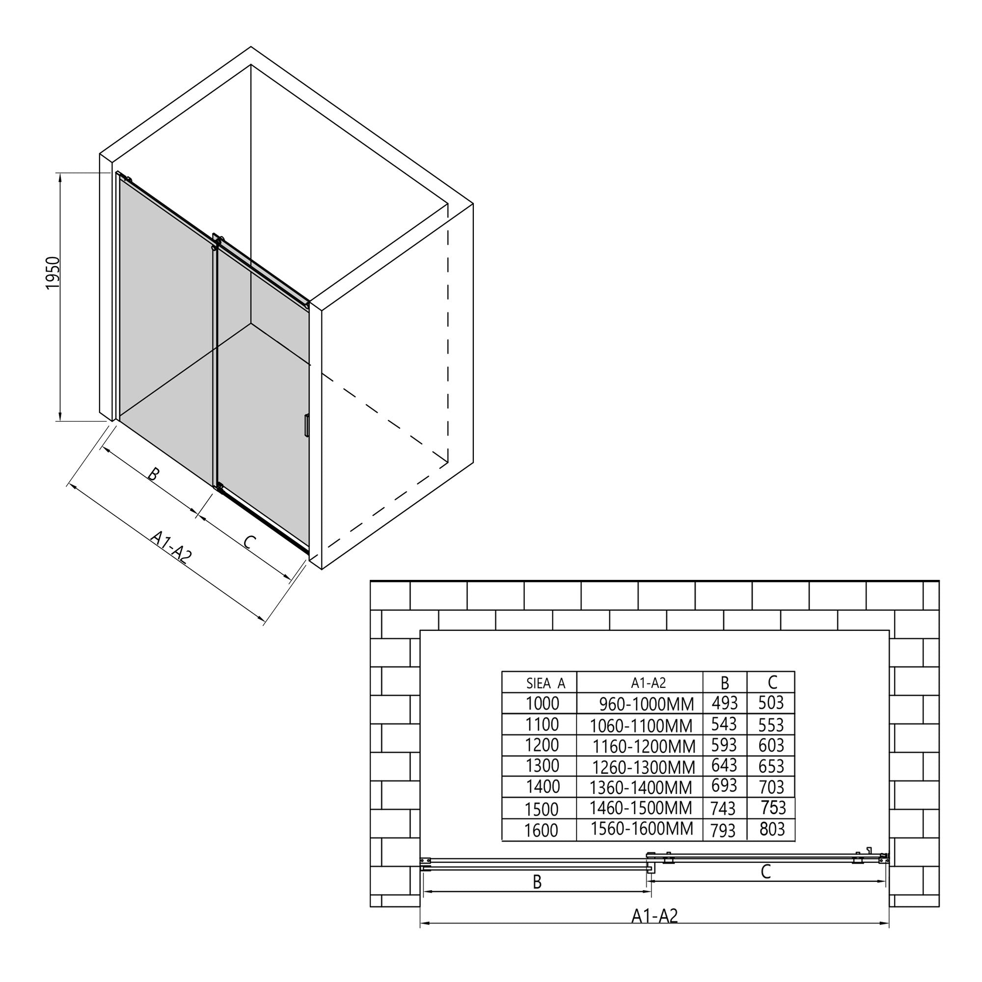 Sprchový kút s posuvnými dverami – 8 mm bezpečnostné sklo / Matná čierna