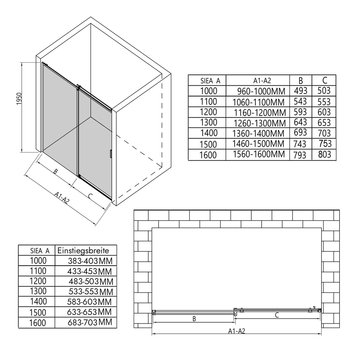 Nischendusche mit Schiebetür – 8 mm graues Sicherheitsglas / Schwarz Matt