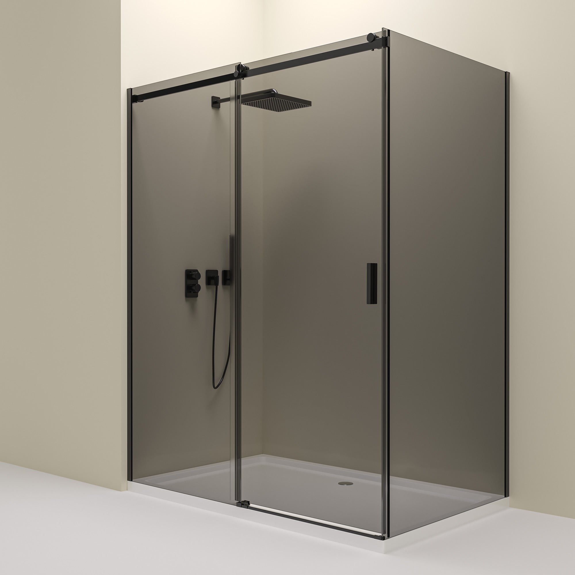 Rohová sprchová kabína s posuvnými dverami – 8 mm šedé bezpečnostné sklo / Matná čierna